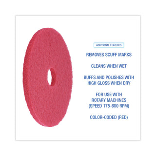 Buffing Floor Pads, 17" Diameter, Red, 5/Carton