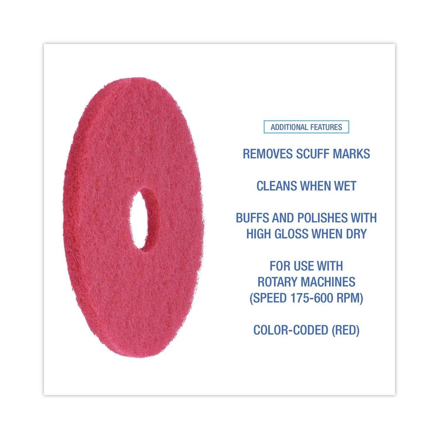 Buffing Floor Pads, 16" Diameter, Red, 5/Carton - 