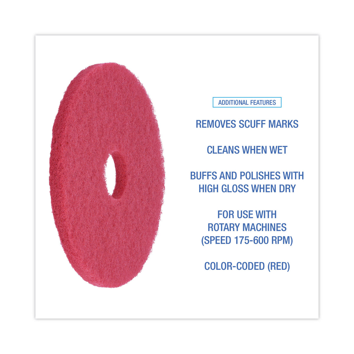 Buffing Floor Pads, 15" Diameter, Red, 5/Carton