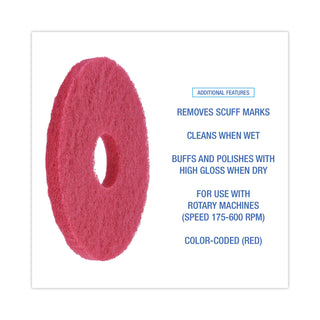 Buffing Floor Pads, 12" Diameter, Red, 5/Carton