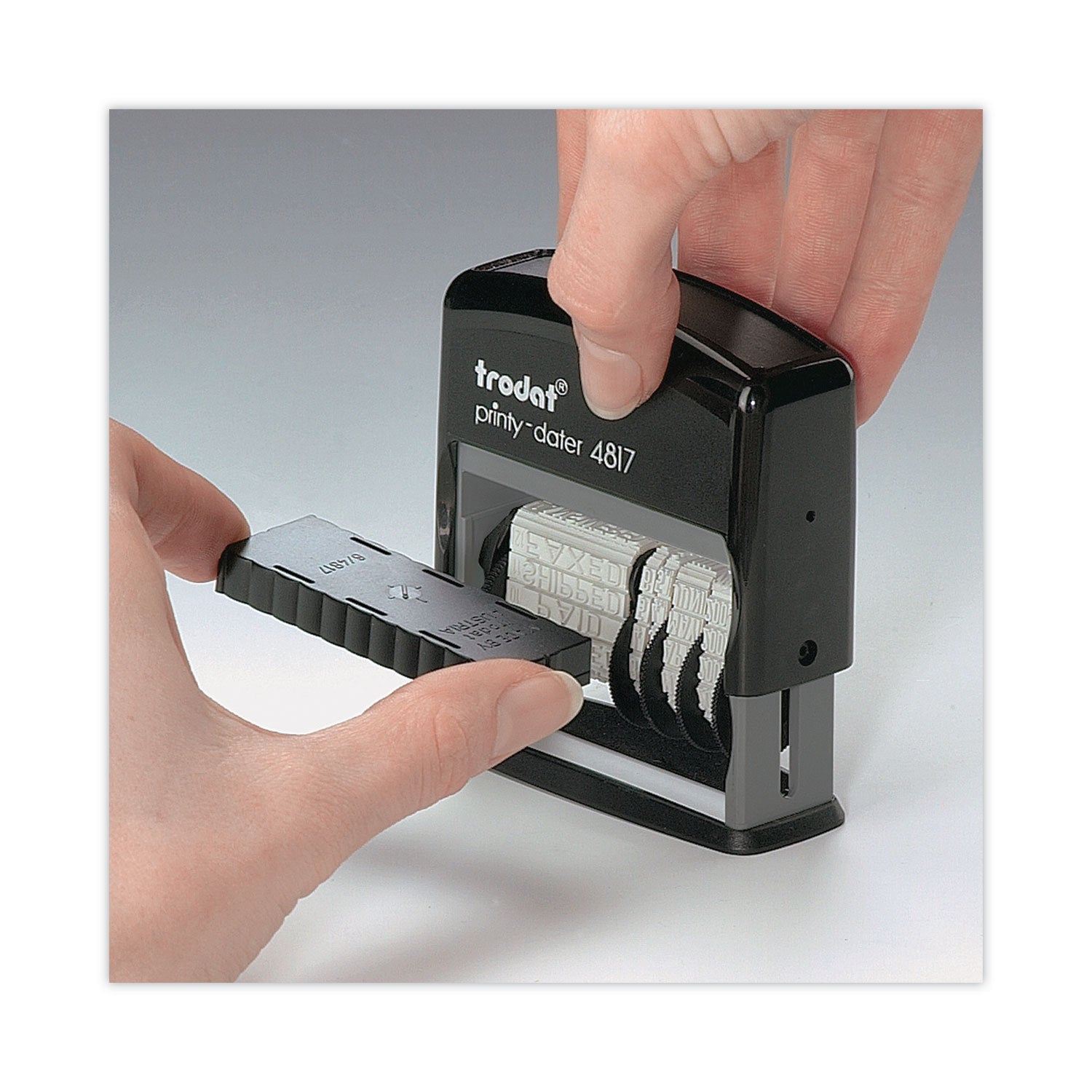 Printy Economy 12-Message Date Stamp, Self-Inking, 2" x 0.38", Black
