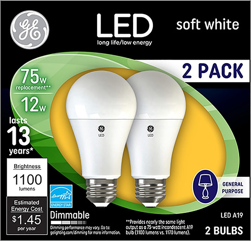 75W LED Bulbs, A19, 12 W, Soft White, 2/Pack