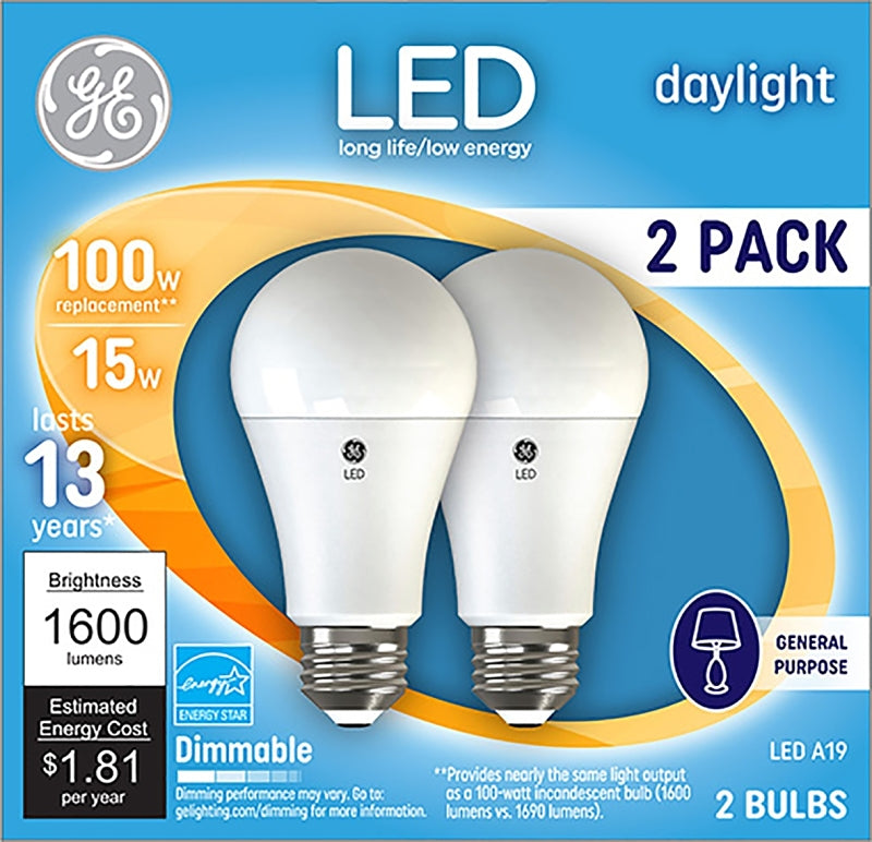 100W LED Bulbs, A19, 15 W, Daylight, 2/Pack