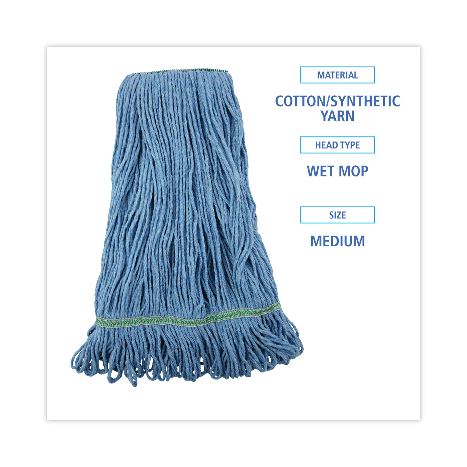 Super Loop Wet Mop Head, Cotton/Synthetic Fiber, 1" Headband, Medium Size, Blue, 12/Carton - 