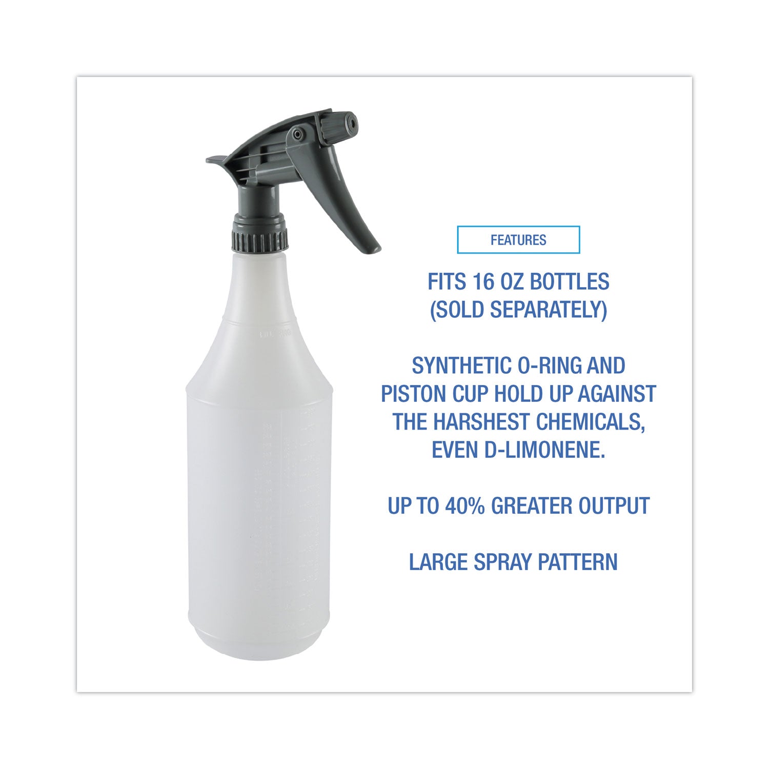 Chemical-Resistant Trigger Sprayer 320CR, 7.25" Tube, Fits16 oz Bottles, Gray, 24/Carton - 