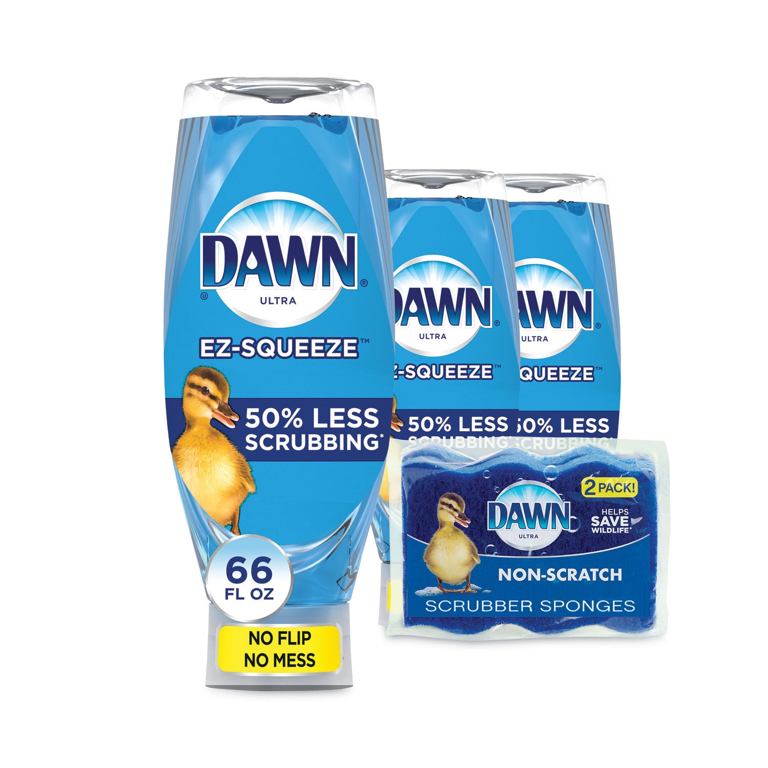 ultra-liquid-dish-detergent-dawn-original-three-22-oz-e-z-squeeze-bottles-and-2-sponges-pack-6-packs-carton_pgc02367 - 1