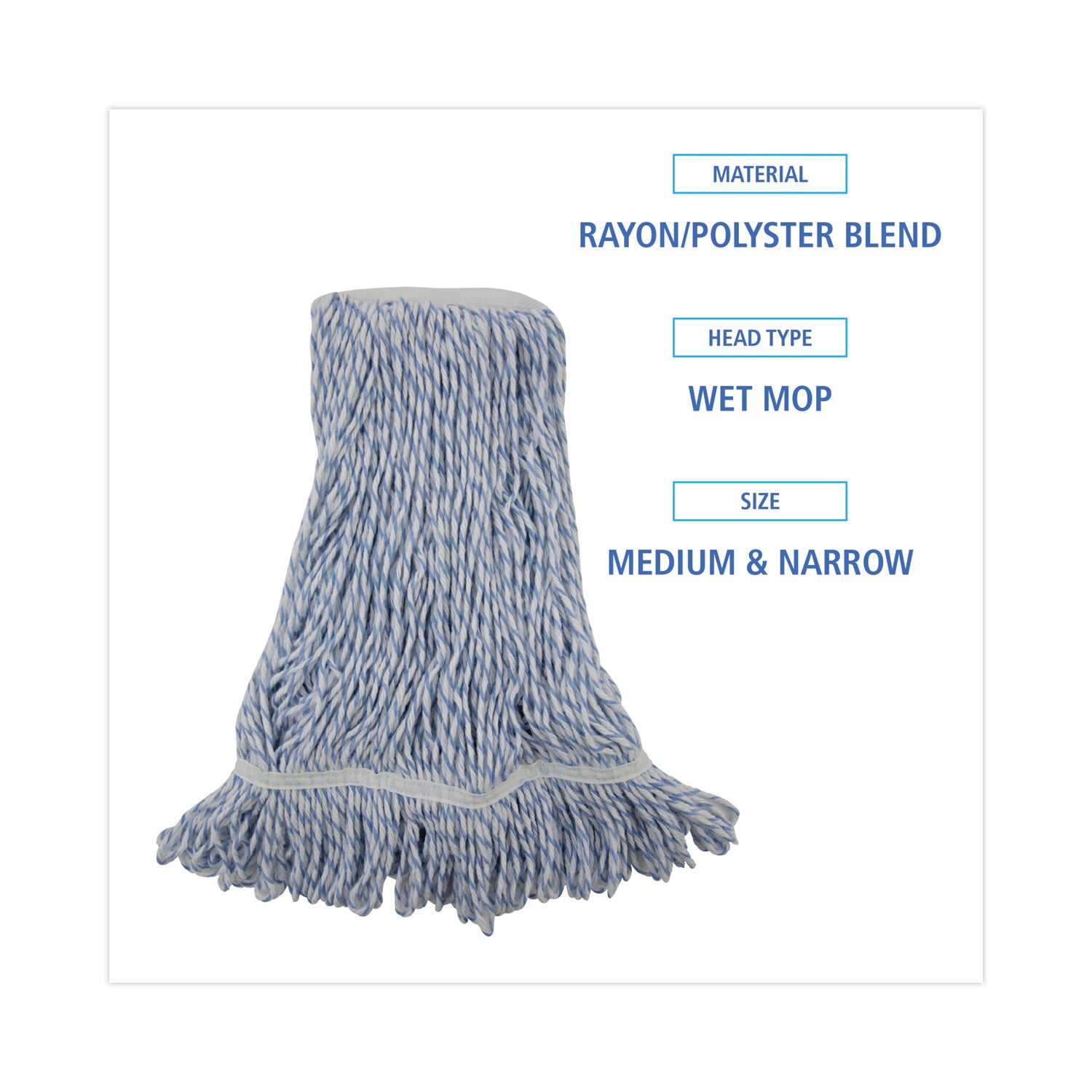 Mop Head, Floor Finish, Narrow, Rayon/Polyester, Medium, White/Blue, 12/Carton