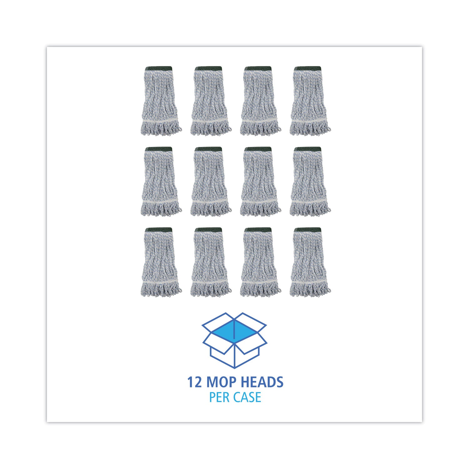 Mop Head, Floor Finish, Wide, Rayon/Polyester, Medium, White/Blue, 12/Carton