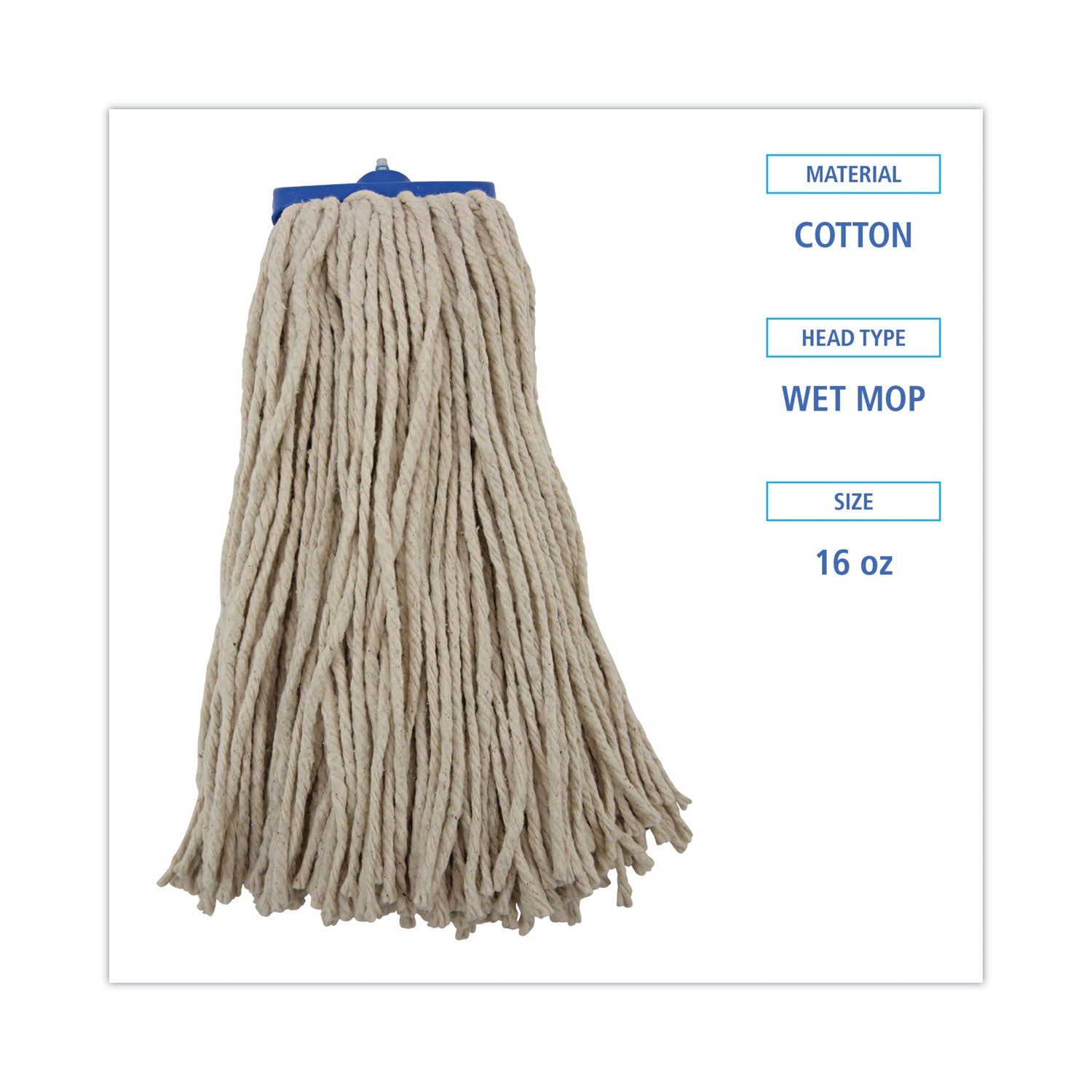 Cut-End Lie-Flat Wet Mop Head, Cotton, 16oz, White