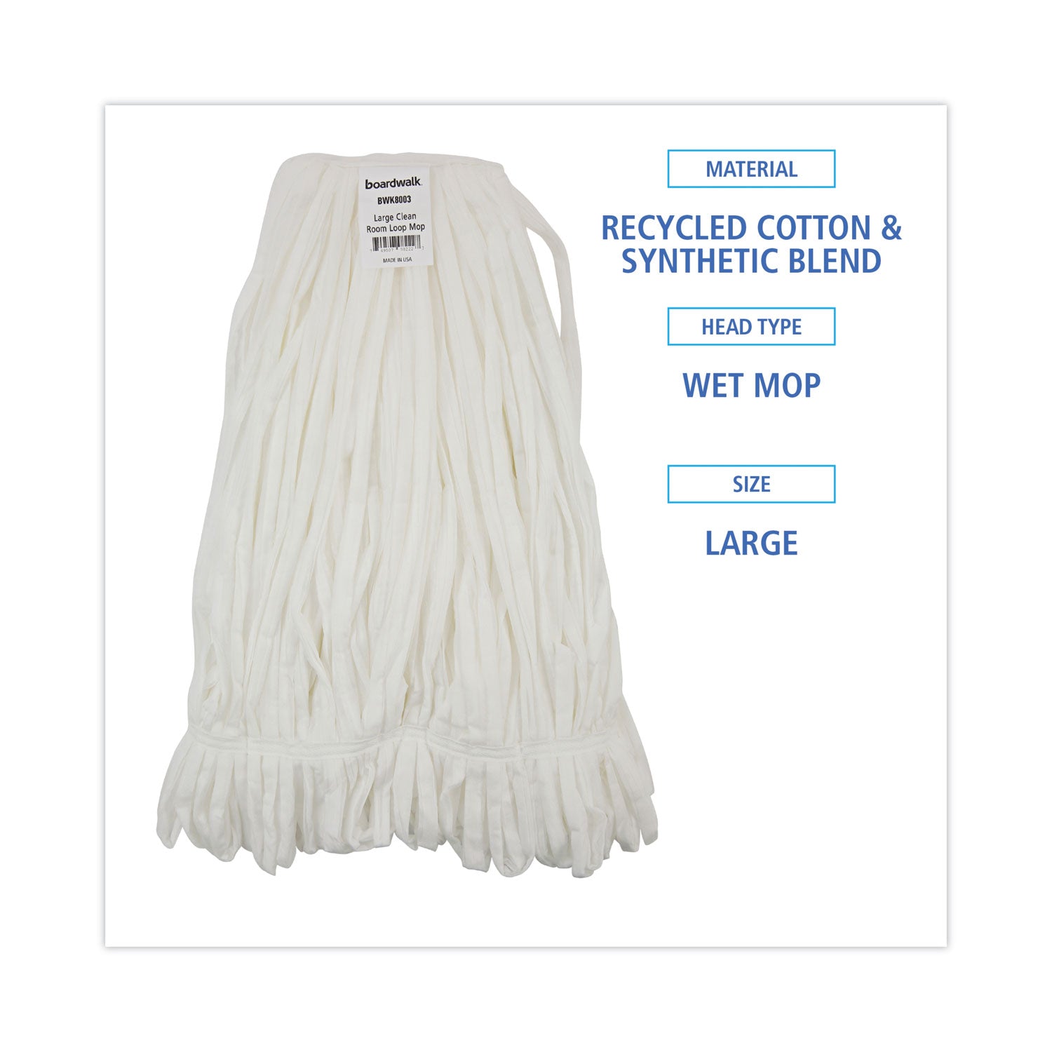 Mop Head, Looped, Enviro Clean With Tailband, Large, White, 12/Carton