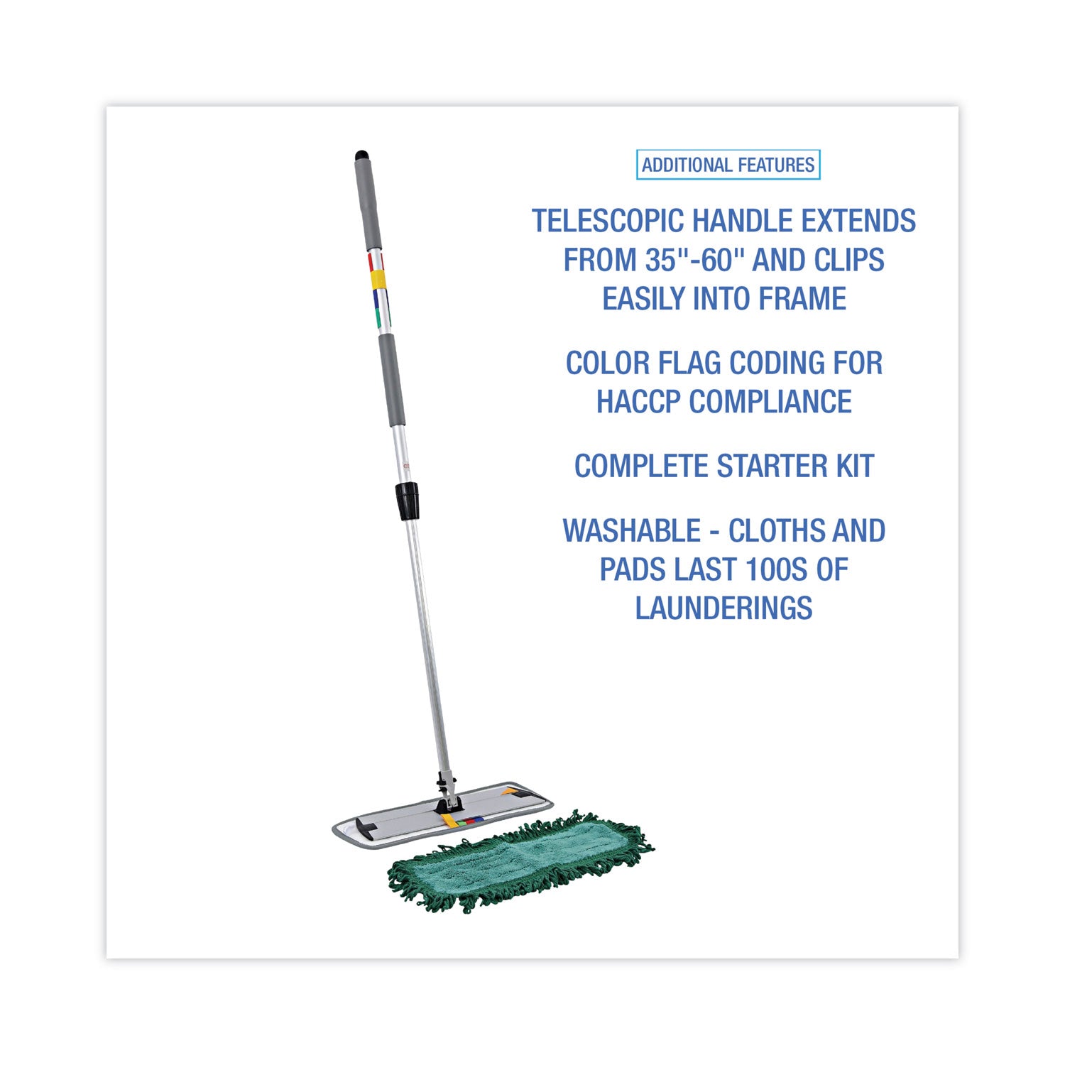 Microfiber Cleaning Kit, 18" Wide Blue/Green Microfiber Head, 35" to 60" Gray Aluminum Handle