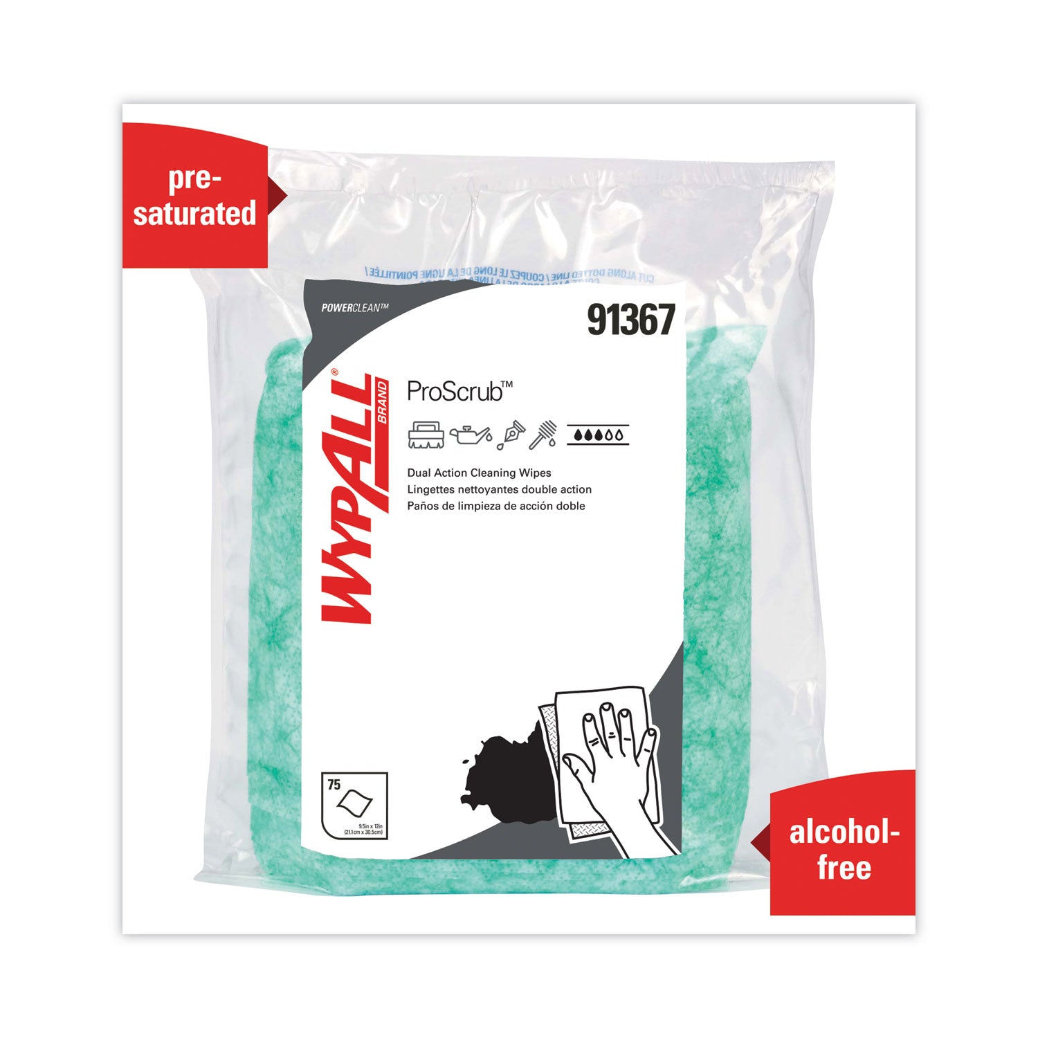 Wypall PowerClean ProScrub Heavy Duty Wet Towels - Orange Citrus Scent - 12" Length x 9.50" Width - 75 / Bag - 450 / Carton - Alcohol-free, Pre-moistened, Soft - Green
