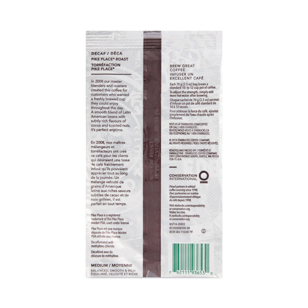 Coffee, Pike Place Decaf, 2.7 oz Packet, 72/Carton
