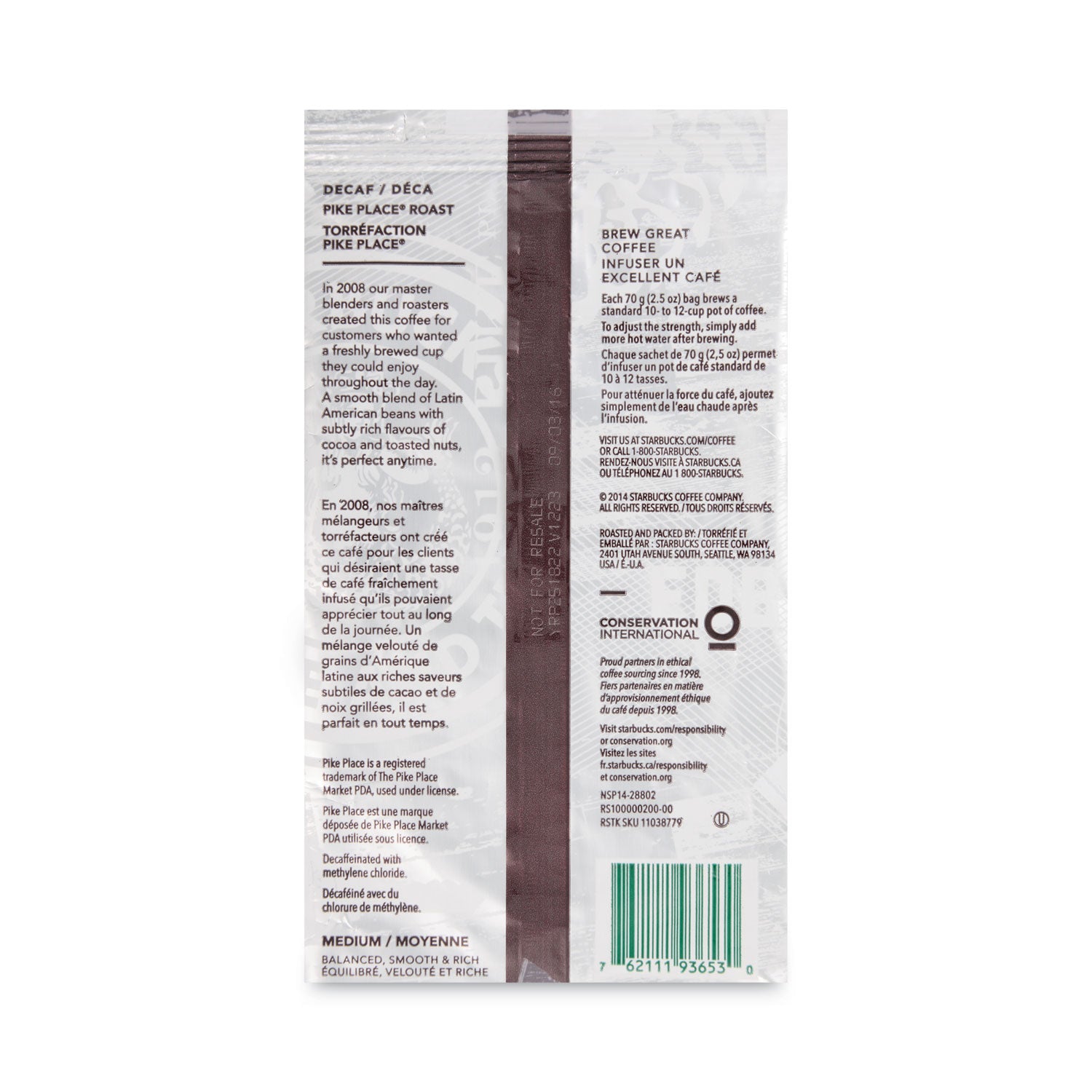 Coffee, Pike Place Decaf, 2 1/2 oz Packet, 18/Box