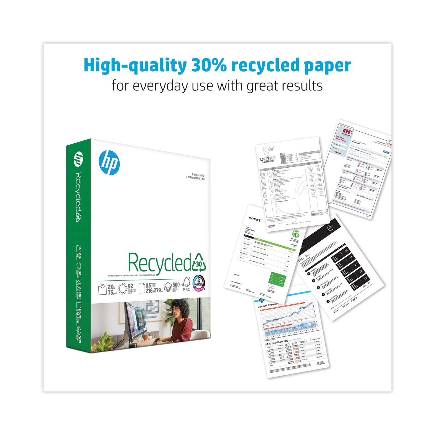 Recycled30 Paper, 92 Bright, 20 lb Bond Weight, 8.5 x 11, White, 500 Sheets/Ream, 10 Reams/Carton - 2