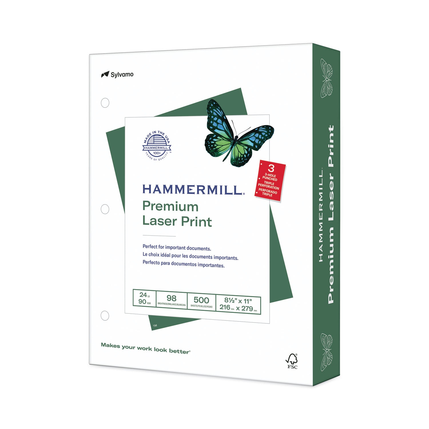 Premium Laser Print Paper, 98 Bright, 3-Hole, 24 lb Bond Weight, 8.5 x 11, White, 500/Ream