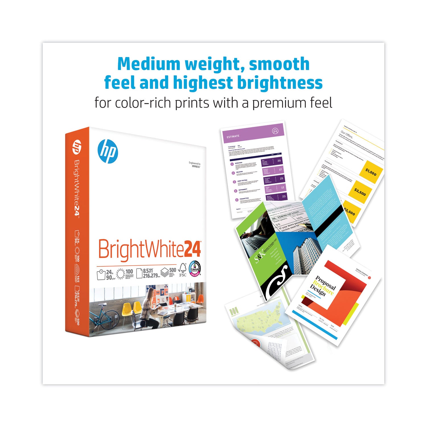 Brightwhite24 Paper, 100 Bright, 24 lb Bond Weight, 8.5 x 11, Bright White, 500/Ream - 