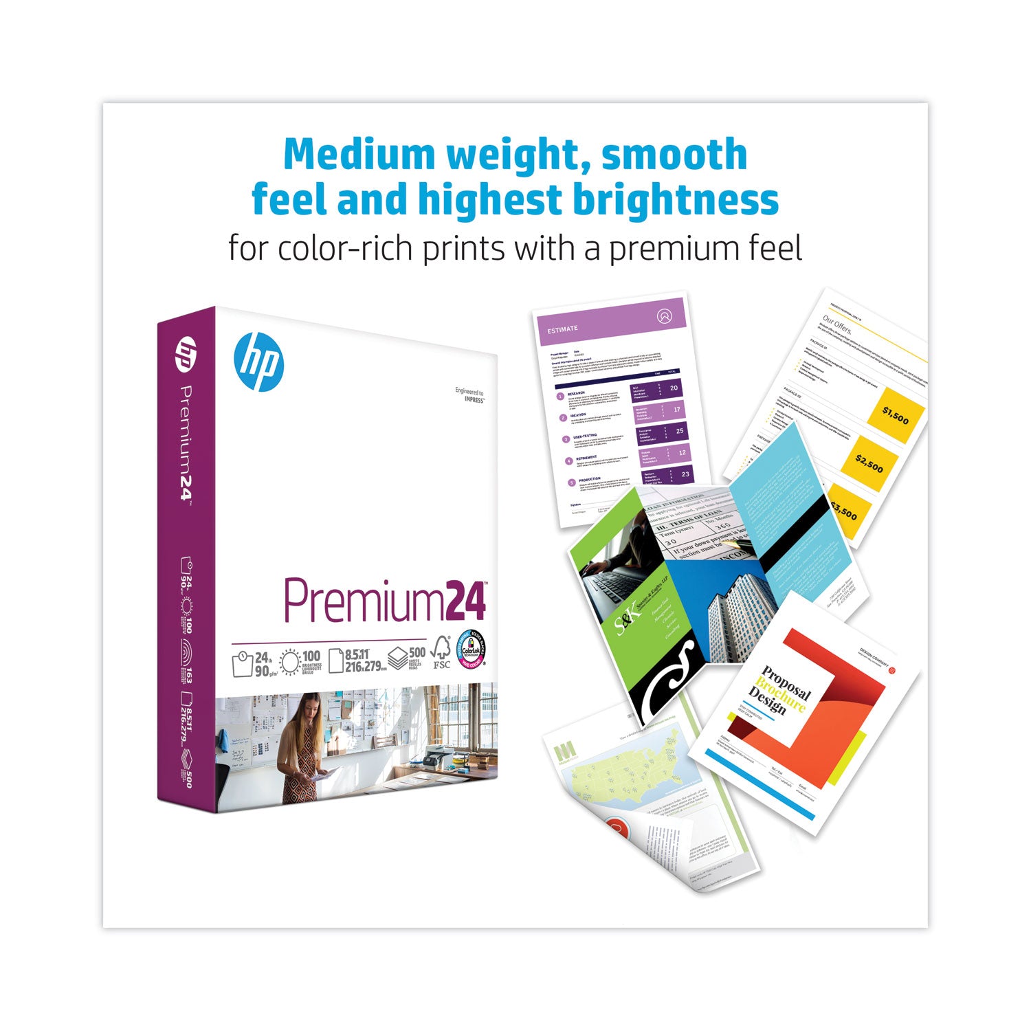 Premium24 Paper, 98 Bright, 24 lb Bond Weight, 8.5 x 11, Ultra White, 500 Sheets/Ream, 5 Reams/Carton, 64 Cartons/Pallet