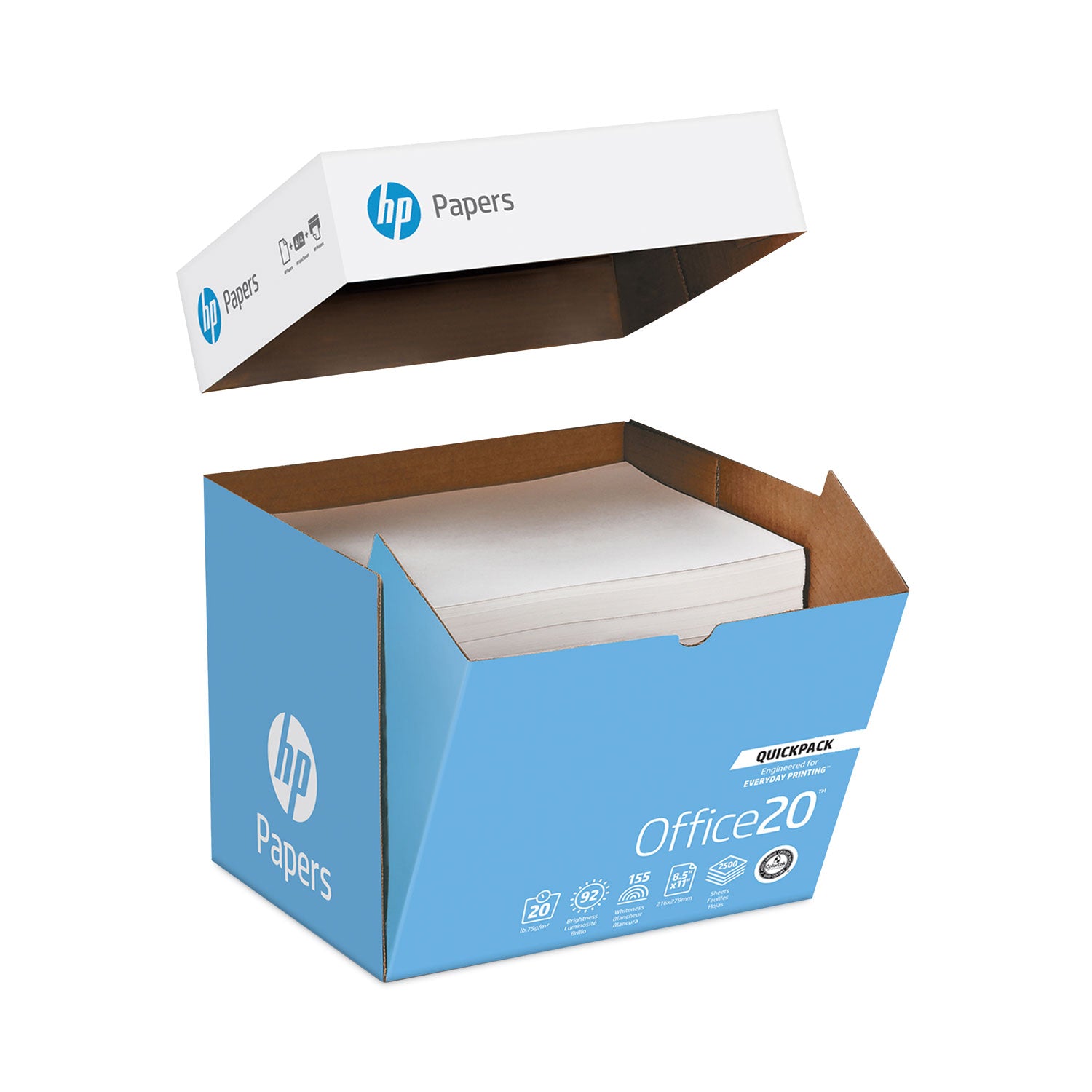 Office20 Paper, 92 Bright, 20 lb Bond Weight, 8.5 x 11, White, 2, 500/Carton - 