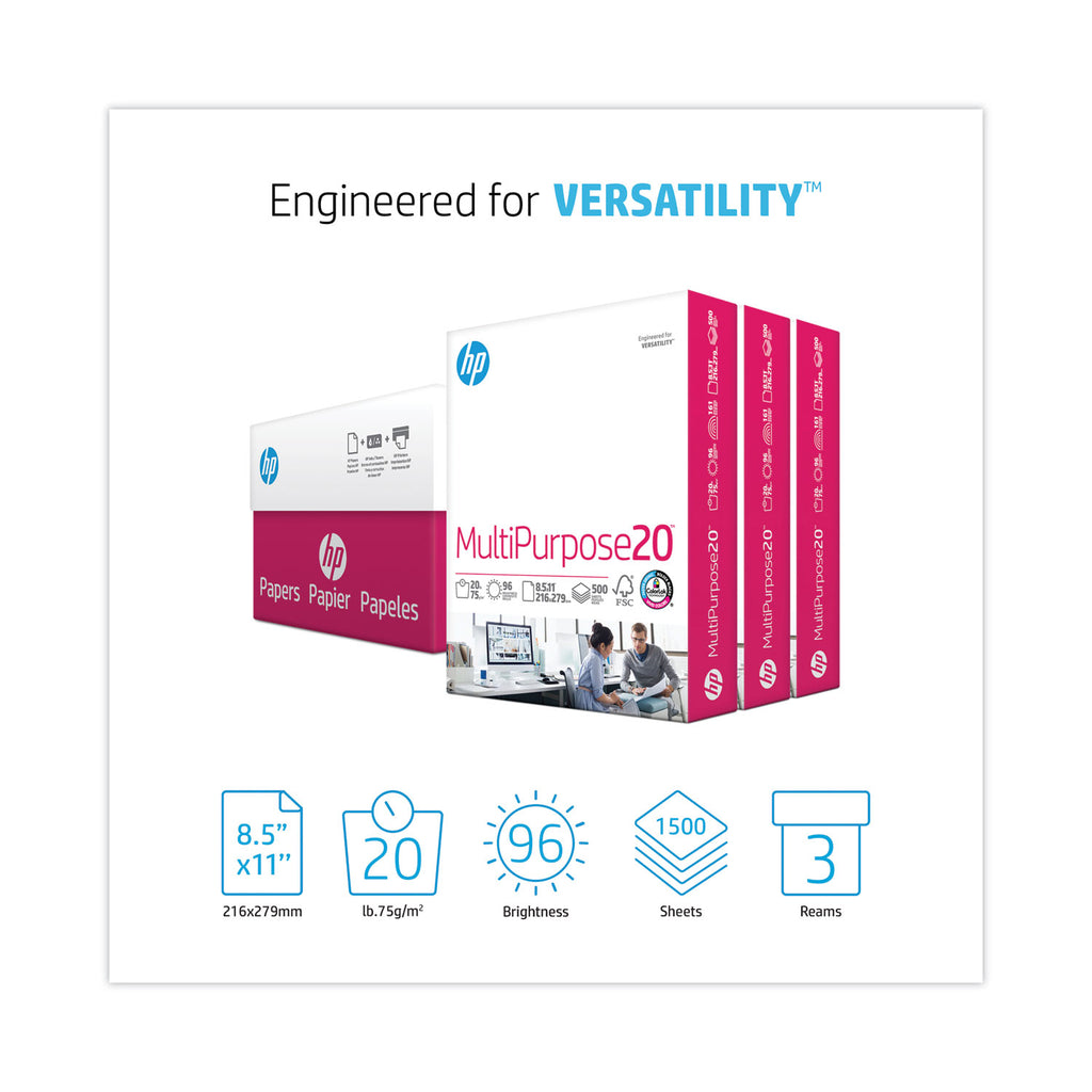 MultiPurpose20 Paper, 96 Bright, 20 lb Bond Weight, 8.5 x 11, White, 500 Sheets/Ream, 3 Reams/Carton