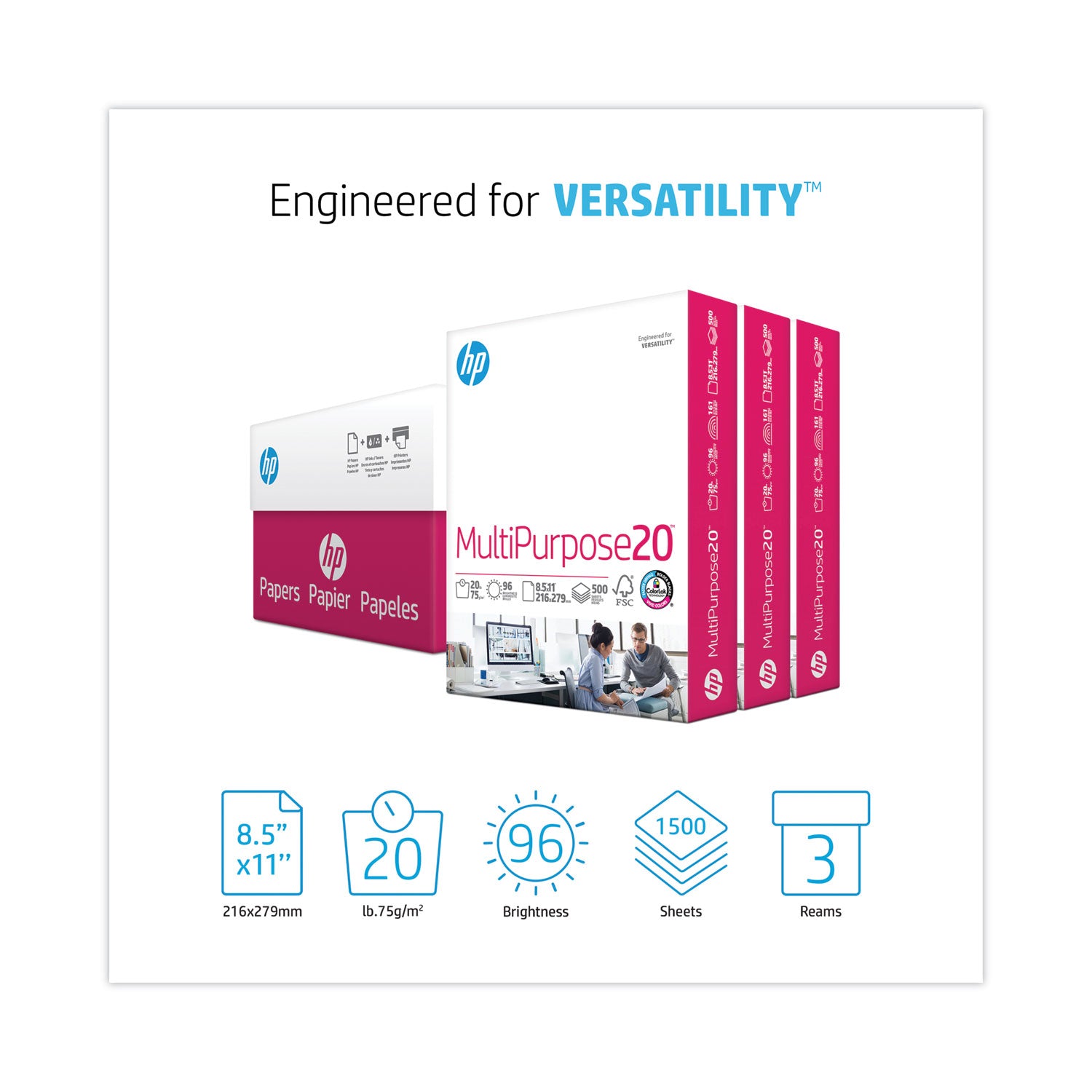 MultiPurpose20 Paper, 96 Bright, 20 lb Bond Weight, 8.5 x 11, White, 500 Sheets/Ream, 3 Reams/Carton