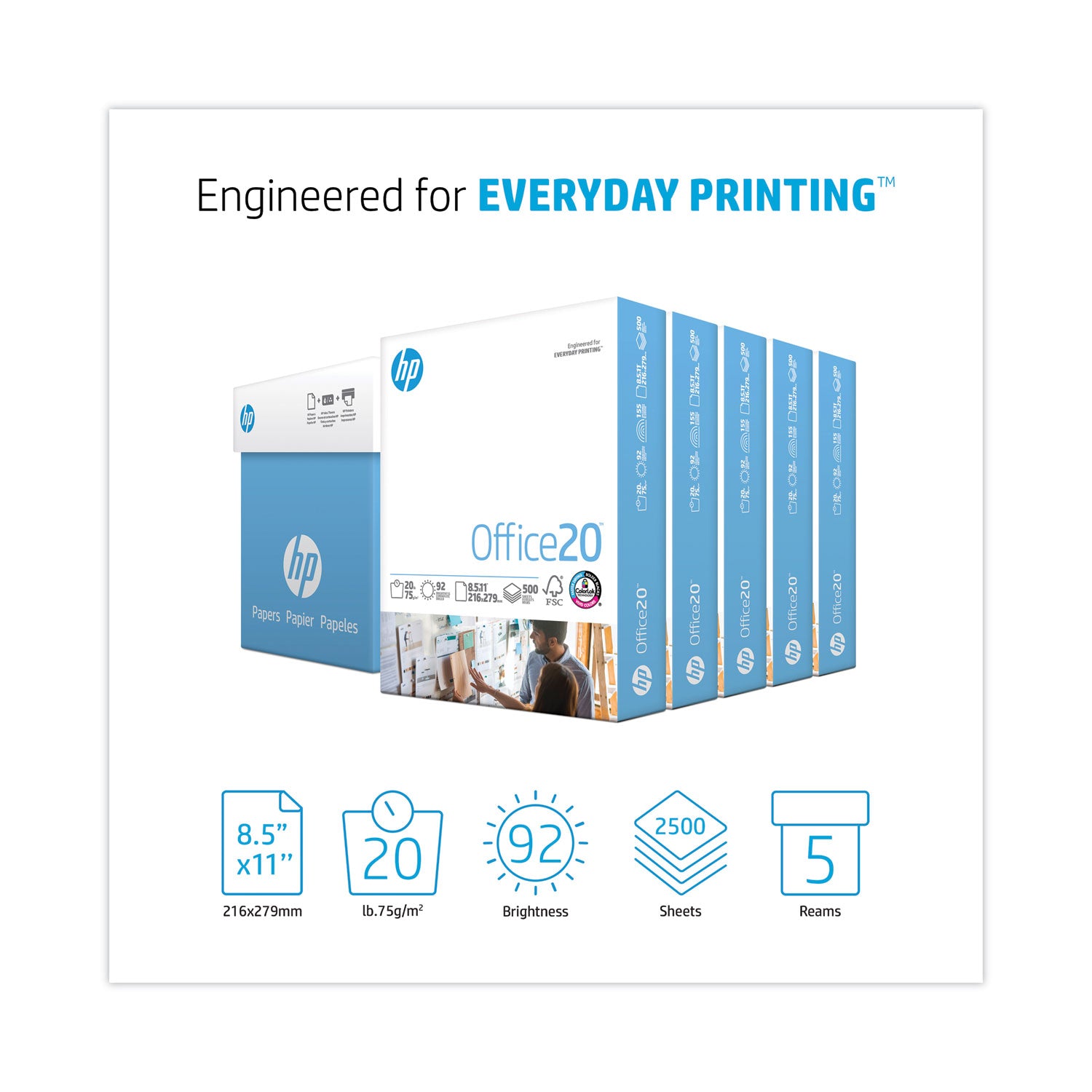 Office20 Paper, 92 Bright, 20 lb Bond Weight, 8.5 x 11, White, 500 Sheets/Ream, 5 Reams/Carton