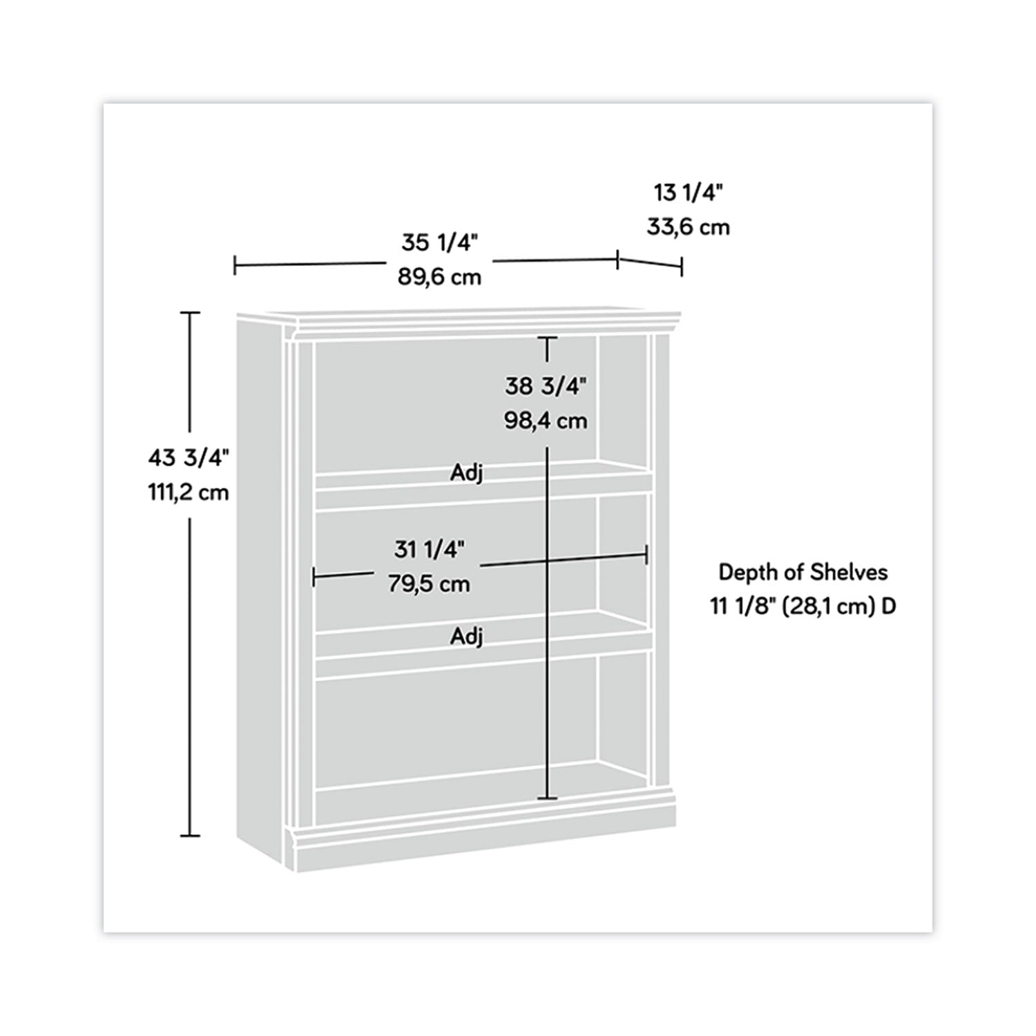 Select Collection Bookcase, Three-Shelf, 35.27w x 13.3d x 43.78h, Oiled Brown