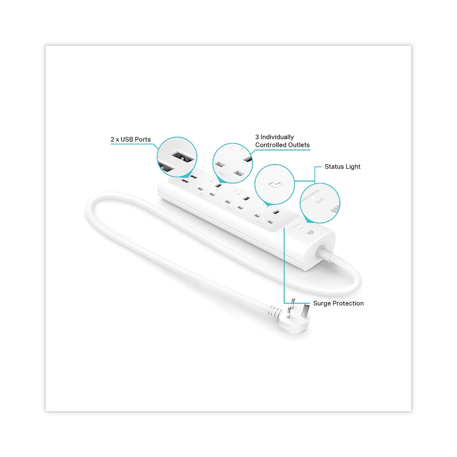 Kasa Smart WiFi 3-Outlet Power Strip, 3 AC Outlets/2 USB Ports, White