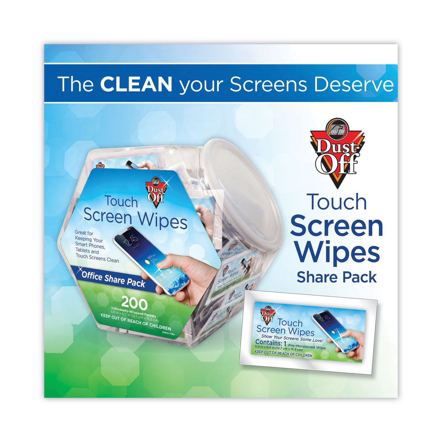 Touch Screen Wipes, 5 x 6, Citrus, 200 Individual Foil Packets in an Easy Grab Jar - 