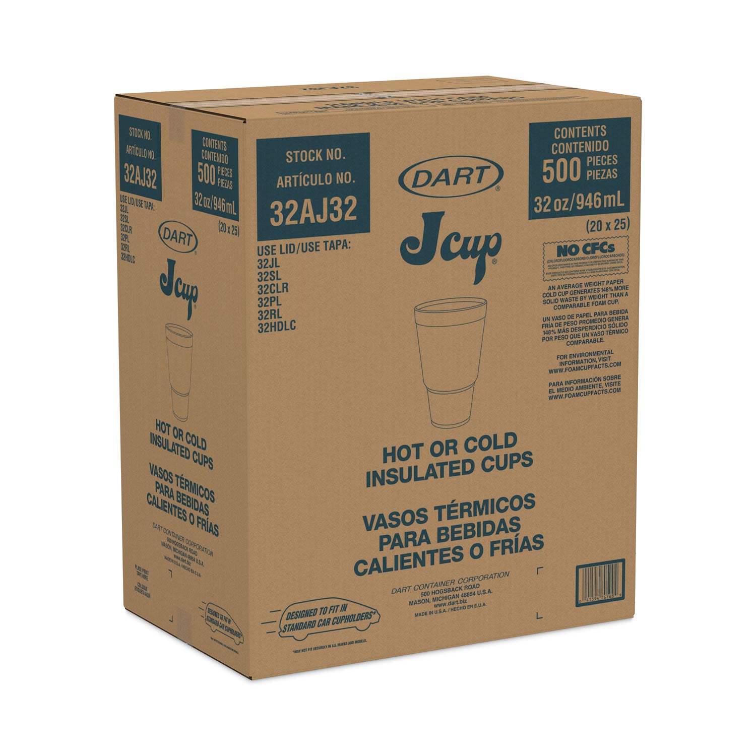 Foam Drink Cups, 32 oz, Tapered Bottom, White, 25/Bag, 20 Bags/Carton