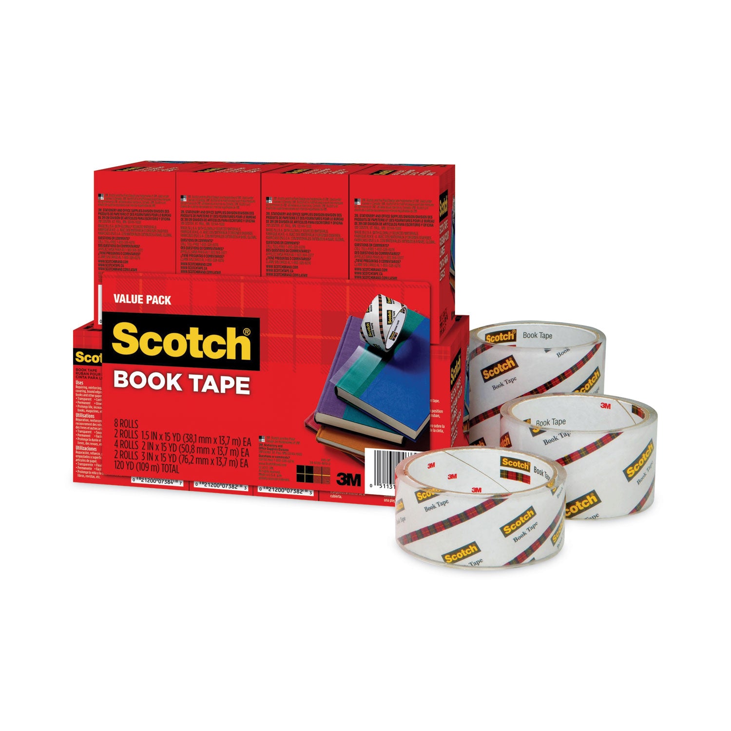 Book Tape Value Pack, 3" Core, (2) 1.5" x 15 yds, (4) 2" x 15 yds, (2) 3" x 15 yds, Clear, 8/Pack - 