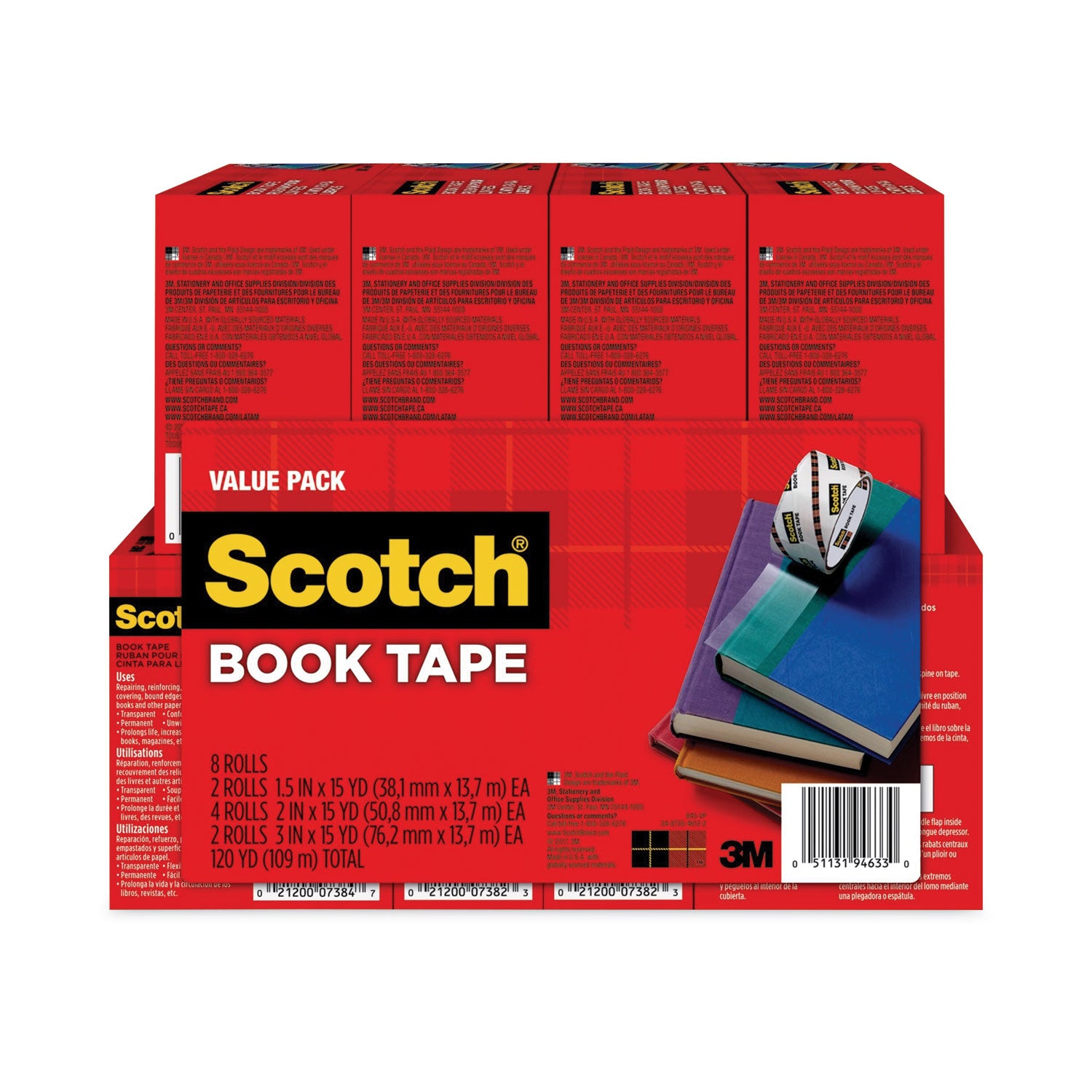 Book Tape Value Pack, 3" Core, (2) 1.5" x 15 yds, (4) 2" x 15 yds, (2) 3" x 15 yds, Clear, 8/Pack - 