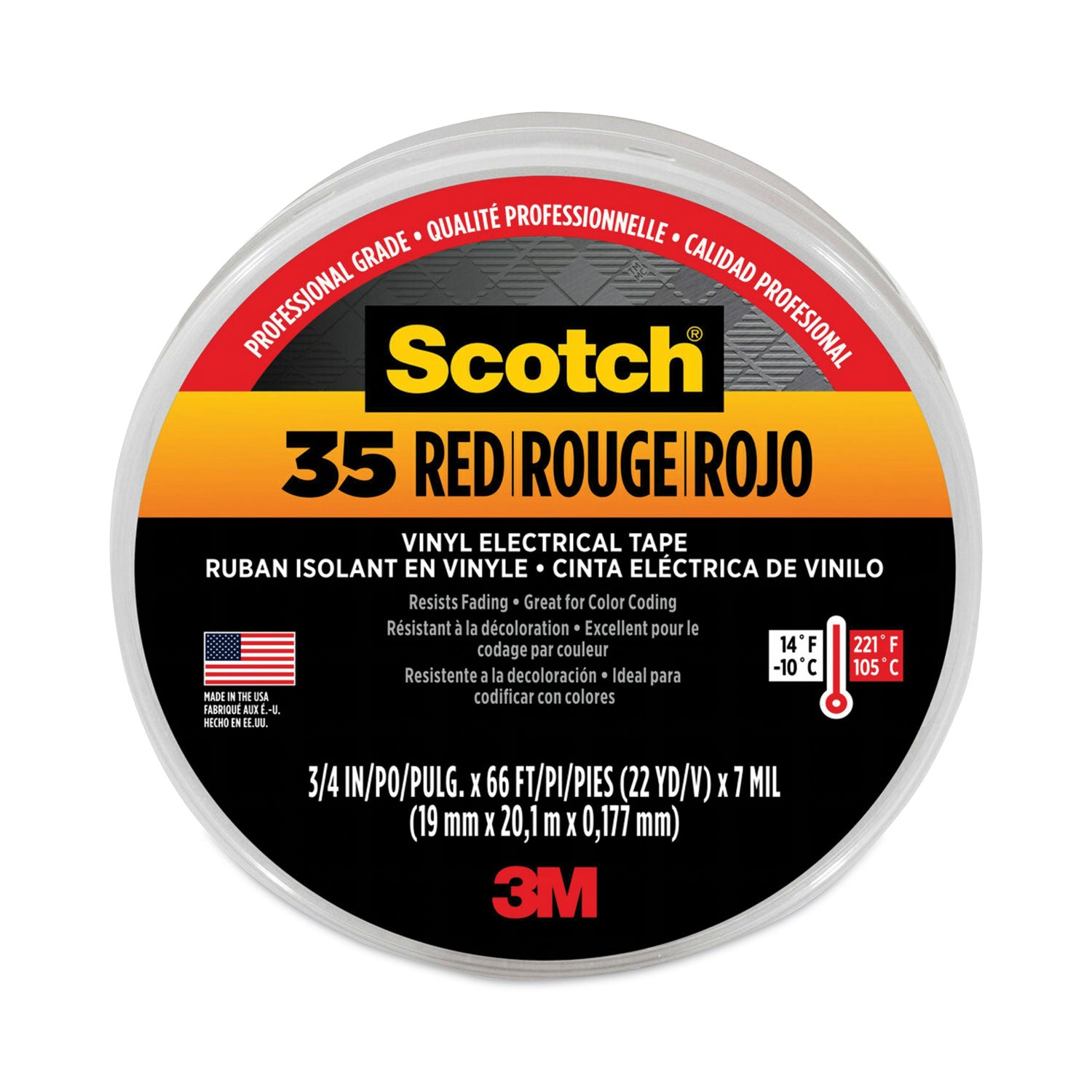 Scotch 35 Vinyl Electrical Color Coding Tape, 3" Core, 0.75" x 66 ft, Red - 