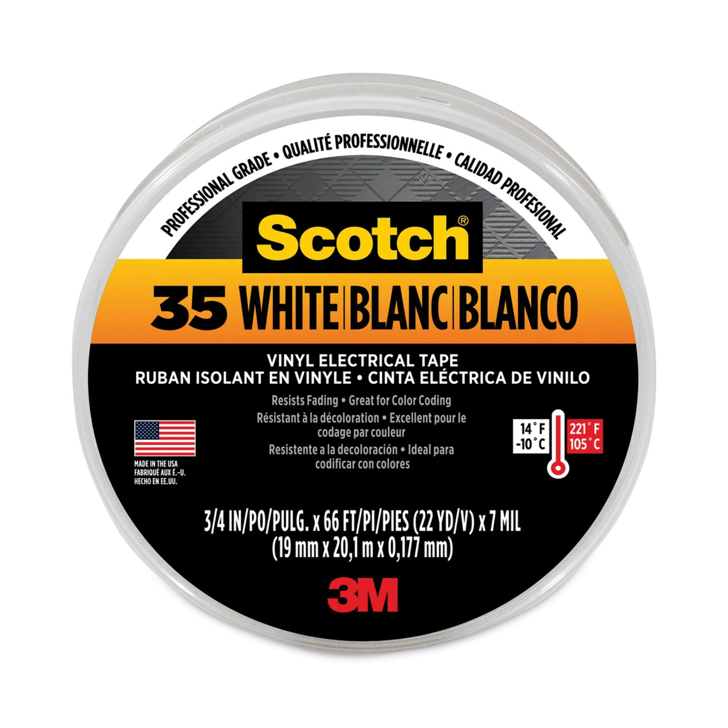 Scotch 35 Vinyl Electrical Color Coding Tape, 3" Core, 0.75" x 66 ft, White - 