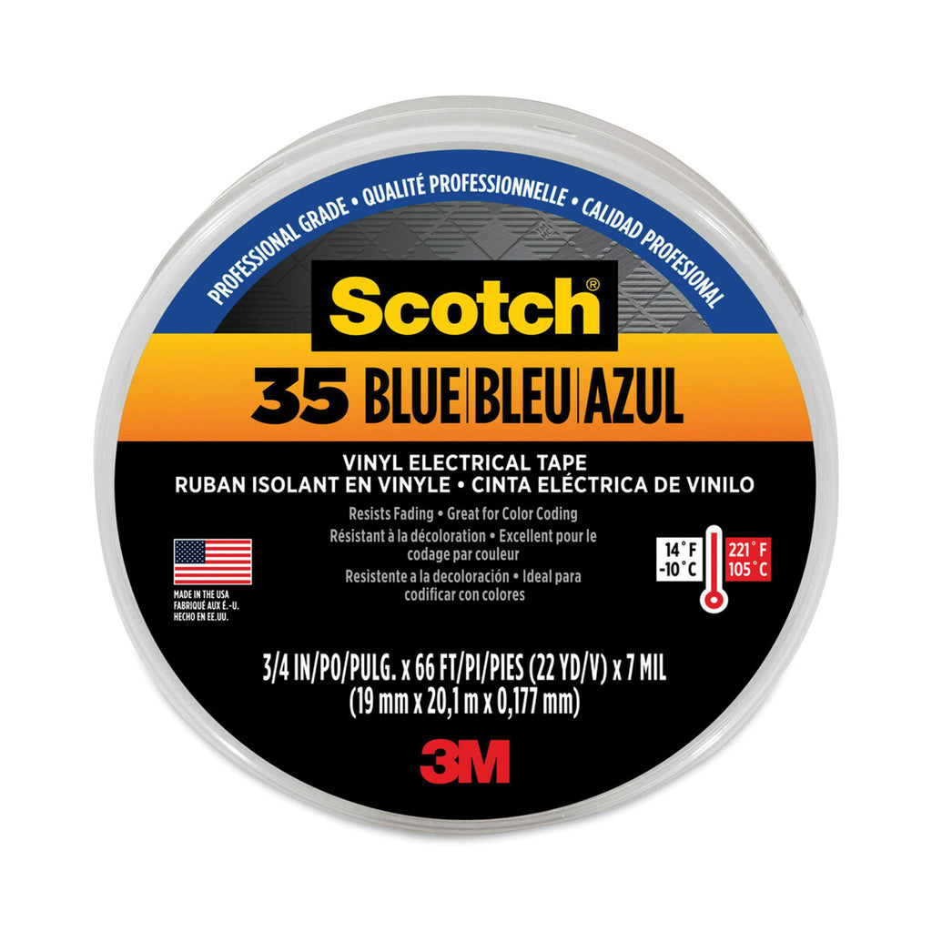 Scotch 35 Vinyl Electrical Color Coding Tape, 3" Core, 0.75" x 66 ft, Blue - 