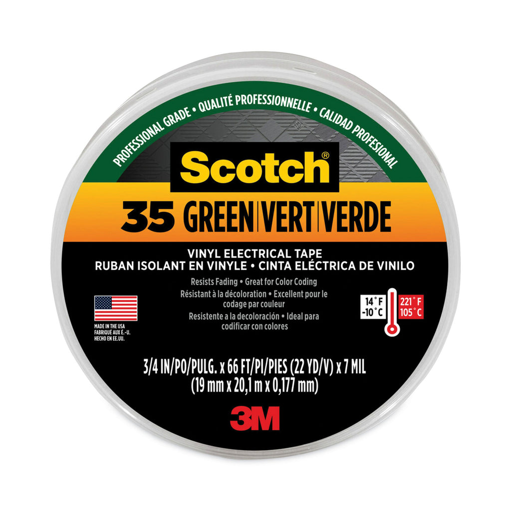 Scotch 35 Vinyl Electrical Color Coding Tape, 3" Core, 0.75" x 66 ft, Green - 