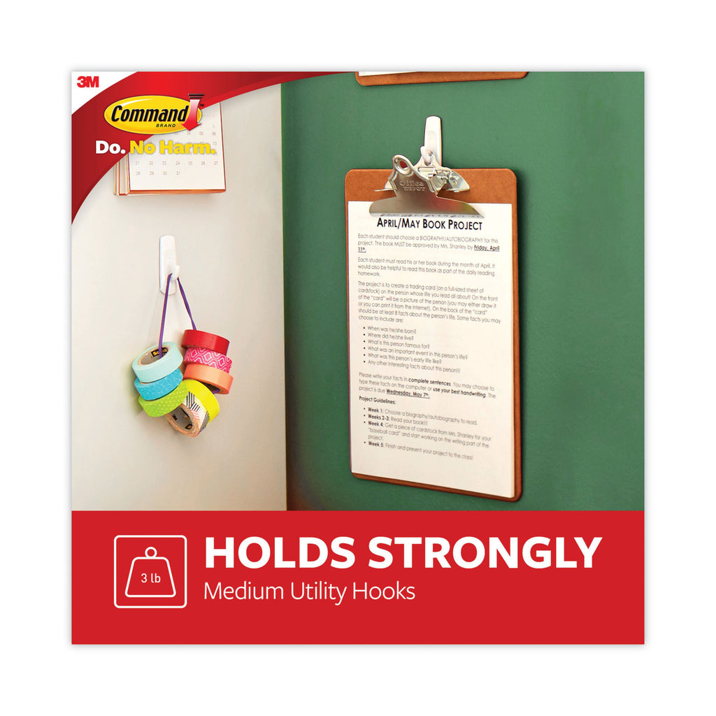 General Purpose Hooks, Medium, Plastic, White, 3 lb Capacity, 37 Hooks and 48 Strips/Pack
