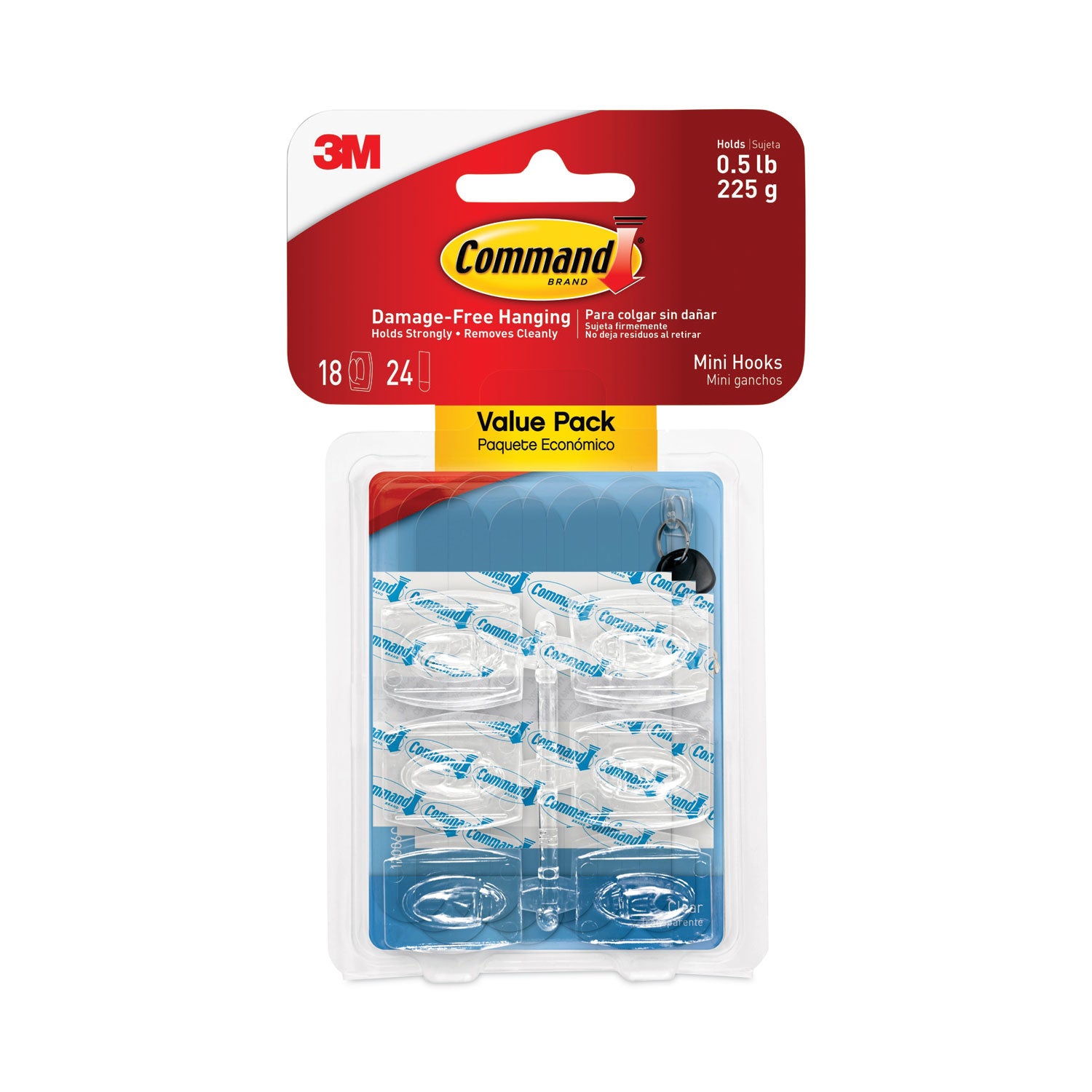 Clear Hooks and Strips, Mini, Plastic, 0.5 lb Capacity, 18 Hooks and 24 Strips/Pack