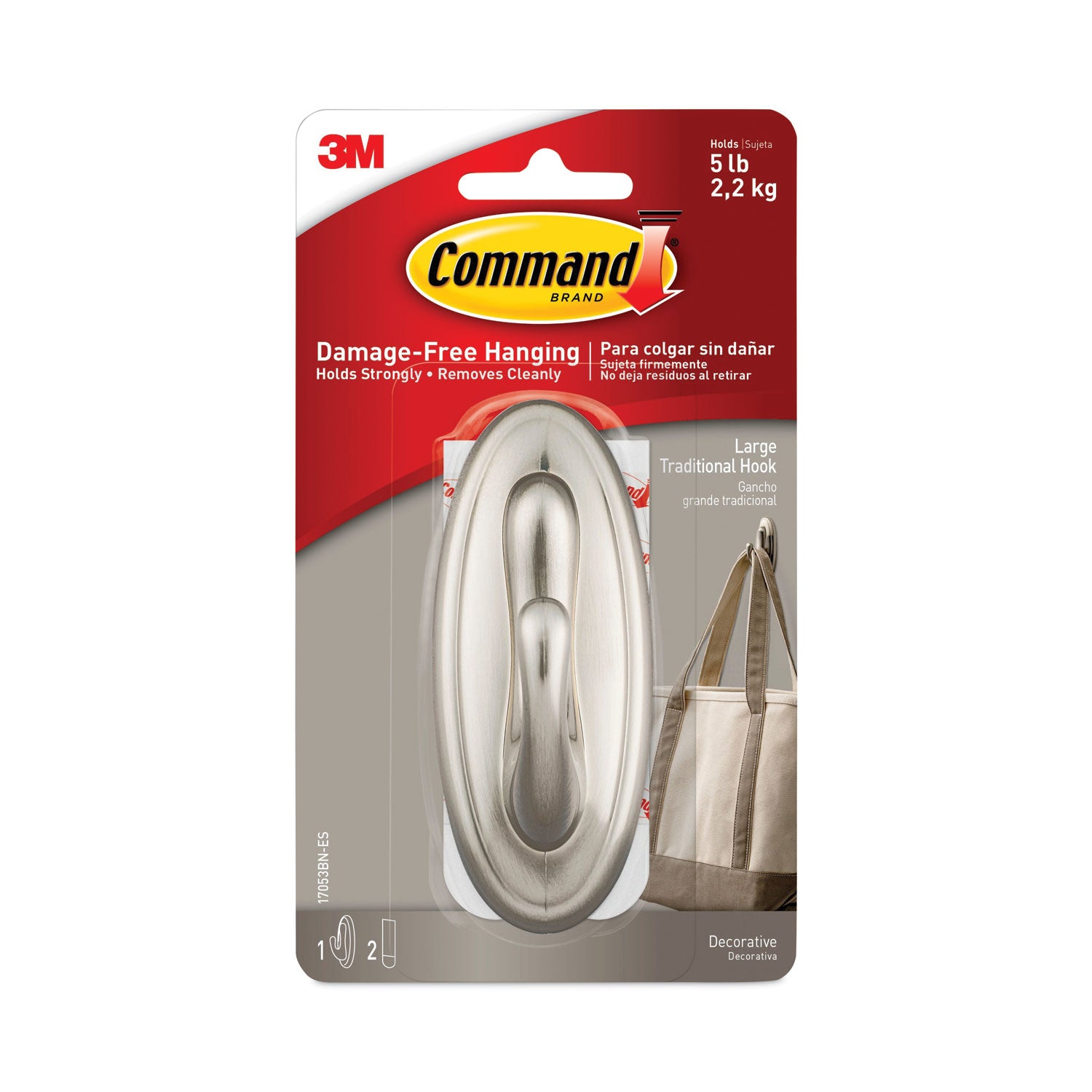Decorative Hooks, Traditional, Large, Plastic, Silver, 5 lb Capacity, 1 Hook and 2 Strips/Pack