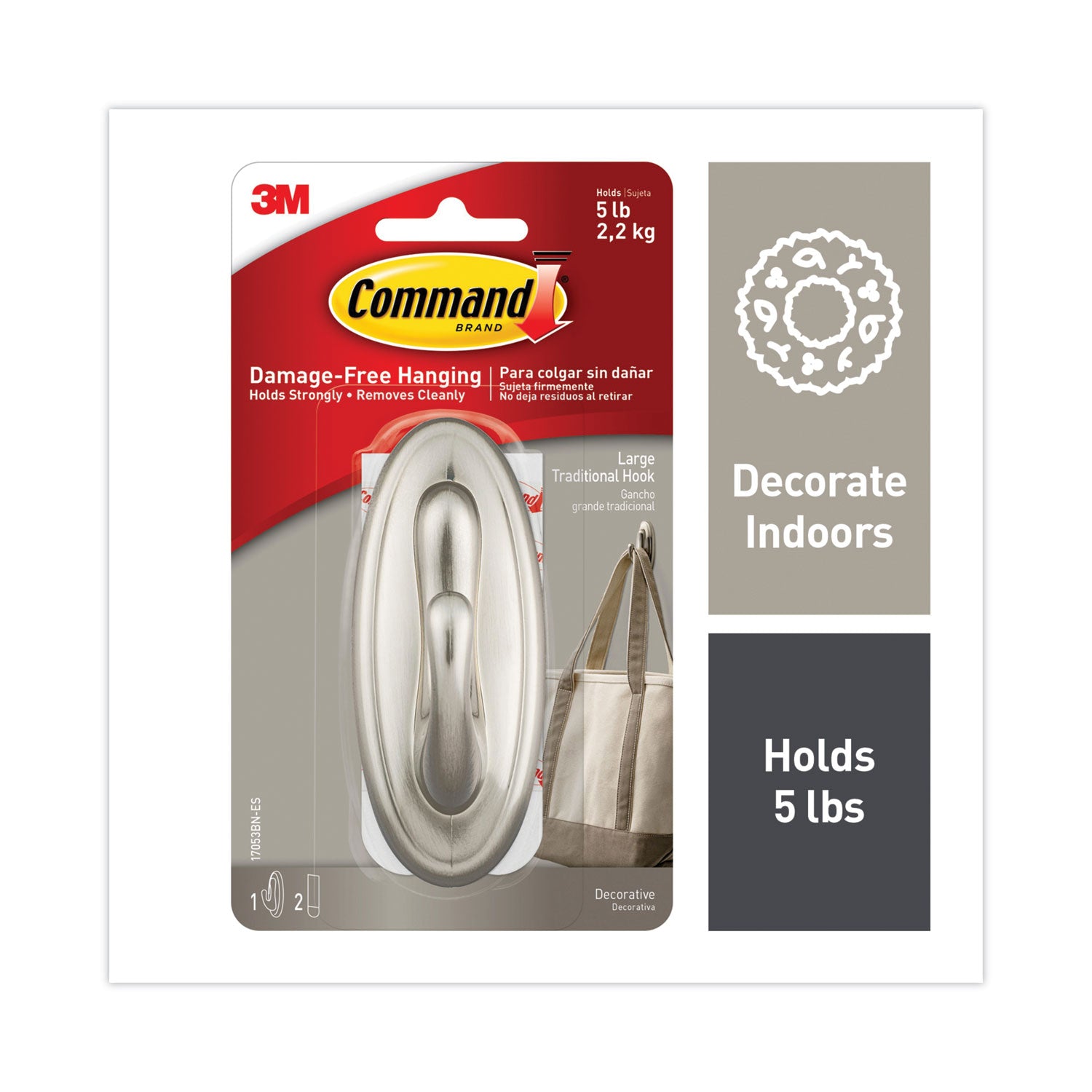 decorative-hooks-traditional-large-plastic-silver-5-lb-capacity-1-hook-and-2-strips-pack_mmm17053bnes - 1