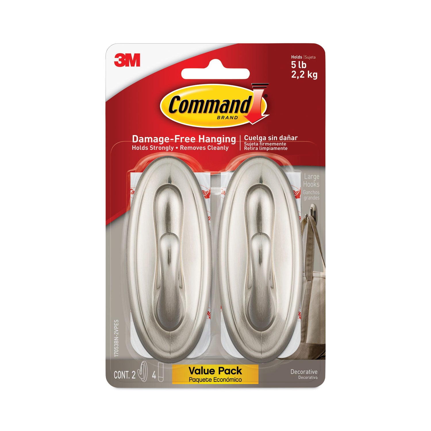 decorative-hooks-traditional-large-metal-brushed-nickel-5-lb-capacity-2-hooks-and-4-strips-pack_mmm17053bnvpes - 2