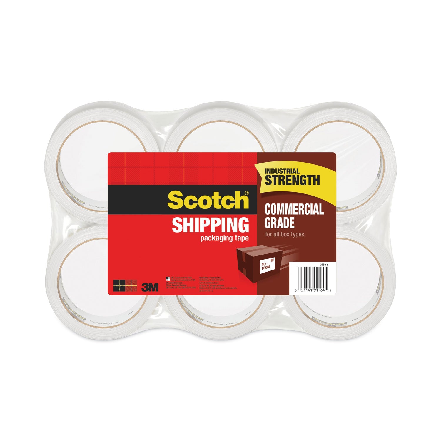 3750 Commercial Grade Packaging Tape, 3" Core, 1.88" x 54.6 yds, Clear, 6/Pack