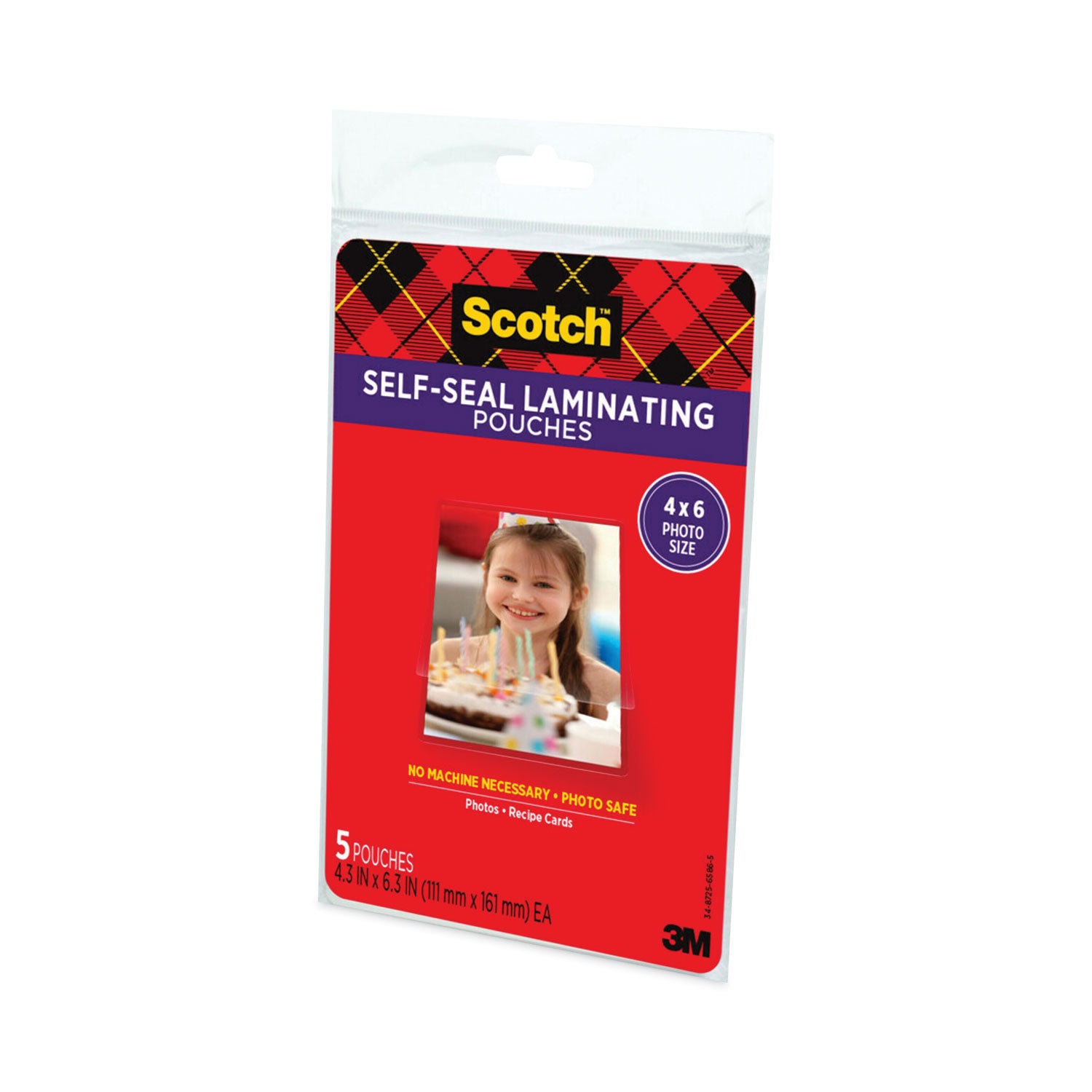 Self-Sealing Laminating Pouches, 9.5 mil, 4.38" x 6.38", Gloss Clear, 5/Pack - 