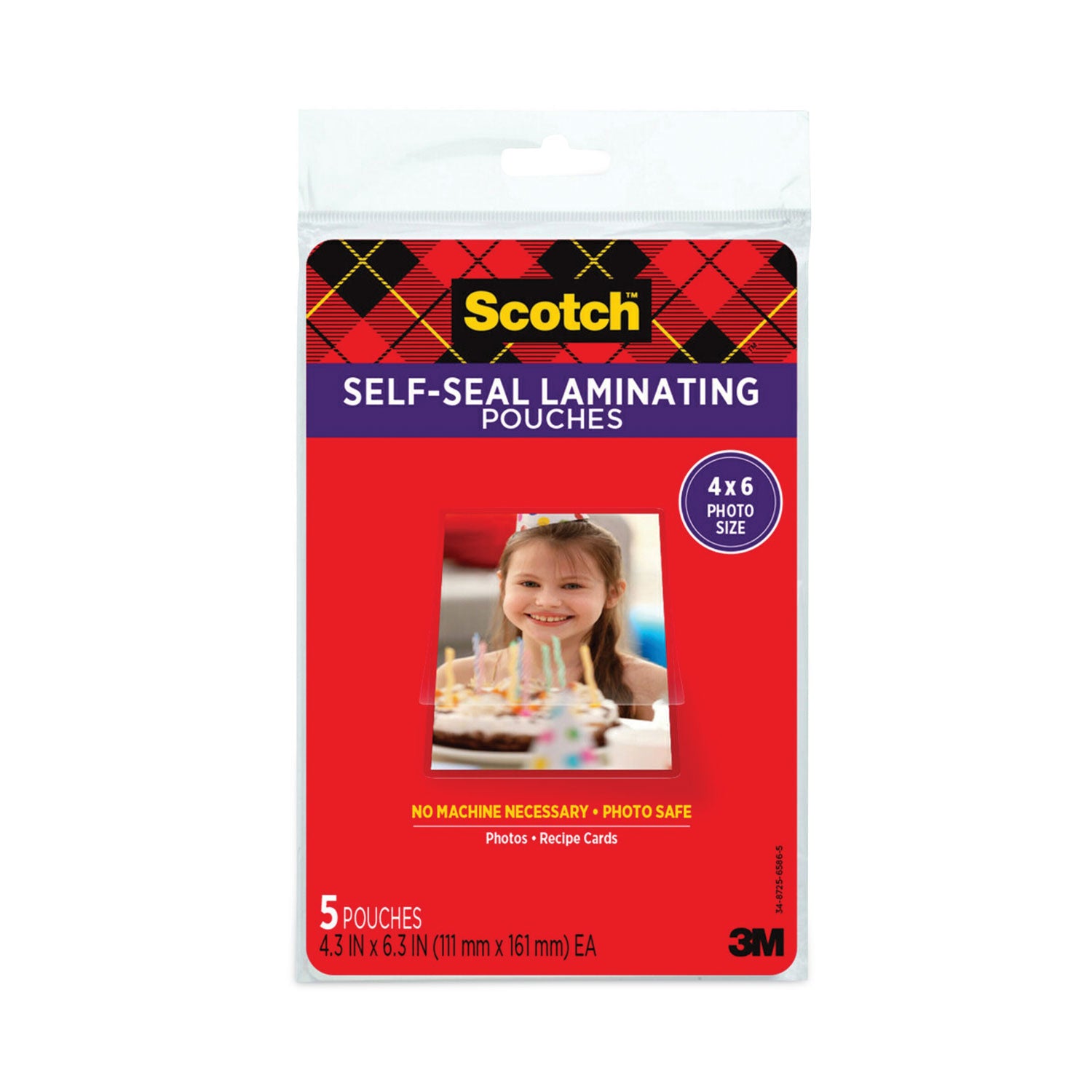 Self-Sealing Laminating Pouches, 9.5 mil, 4.38" x 6.38", Gloss Clear, 5/Pack - 