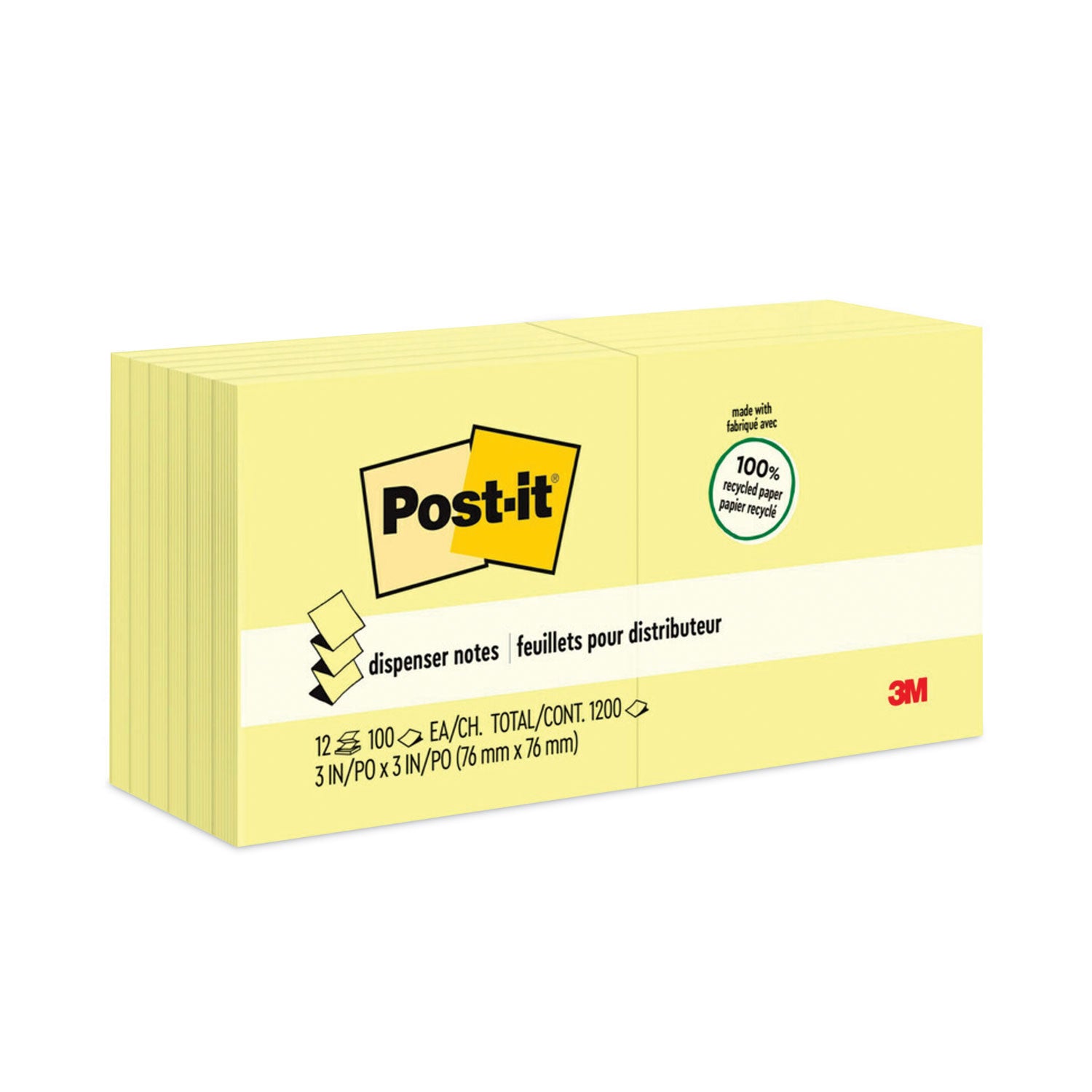 Original Recycled Pop-up Notes, 3" x 3", Canary Yellow, 100 Sheets/Pad, 12 Pads/Pack - 