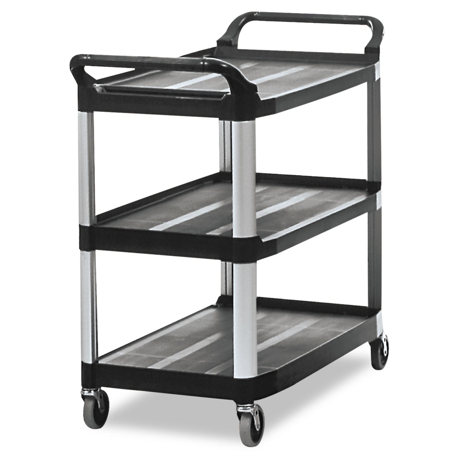 Xtra Utility Cart with Open Sides, Plastic, 3 Shelves, 300 lb Capacity, 40.63" x 20" x 37.81", Black - 