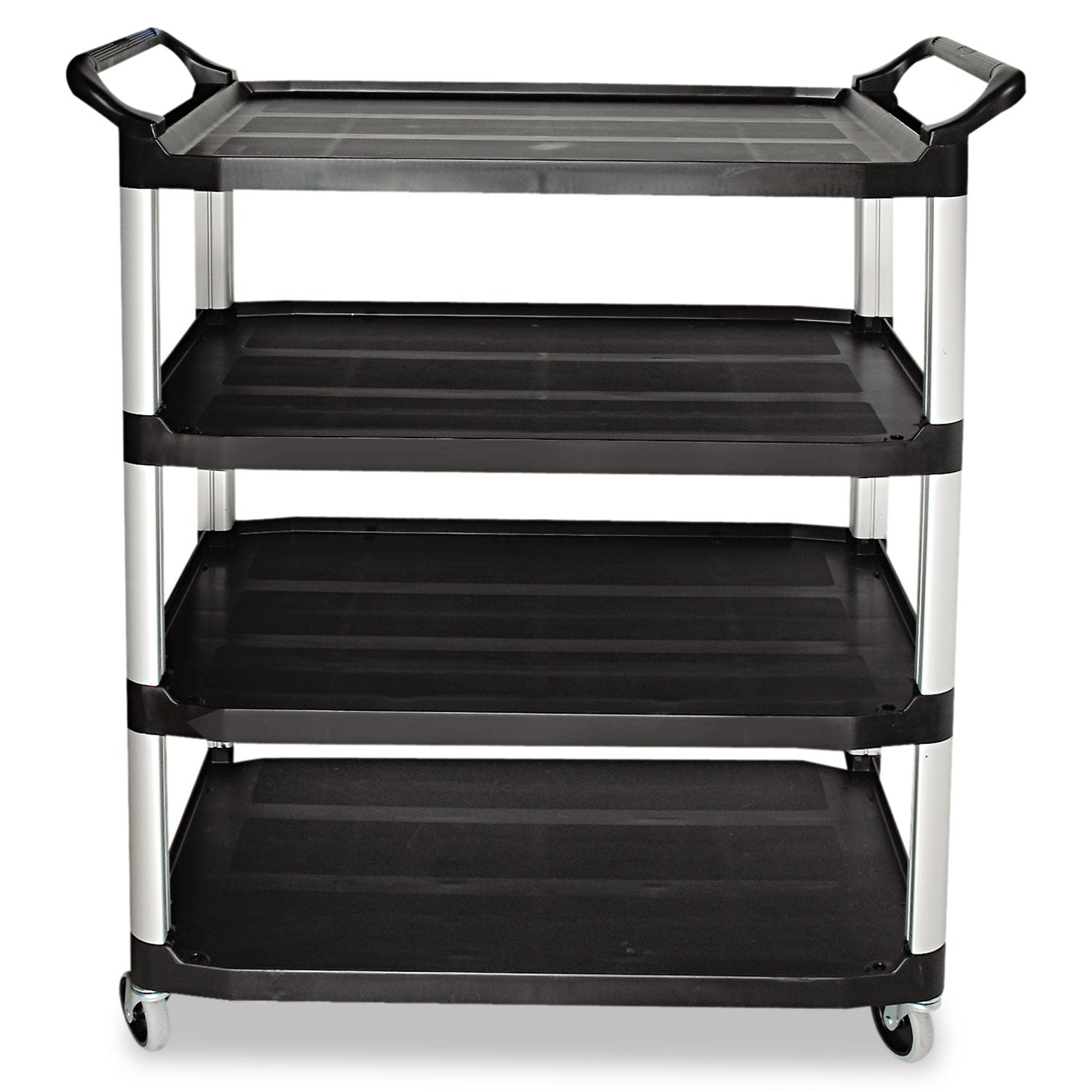 Xtra Utility Cart with Open Sides, Plastic, 4 Shelves, 400 lb Capacity, 40.63" x 20" x 51", Black - 