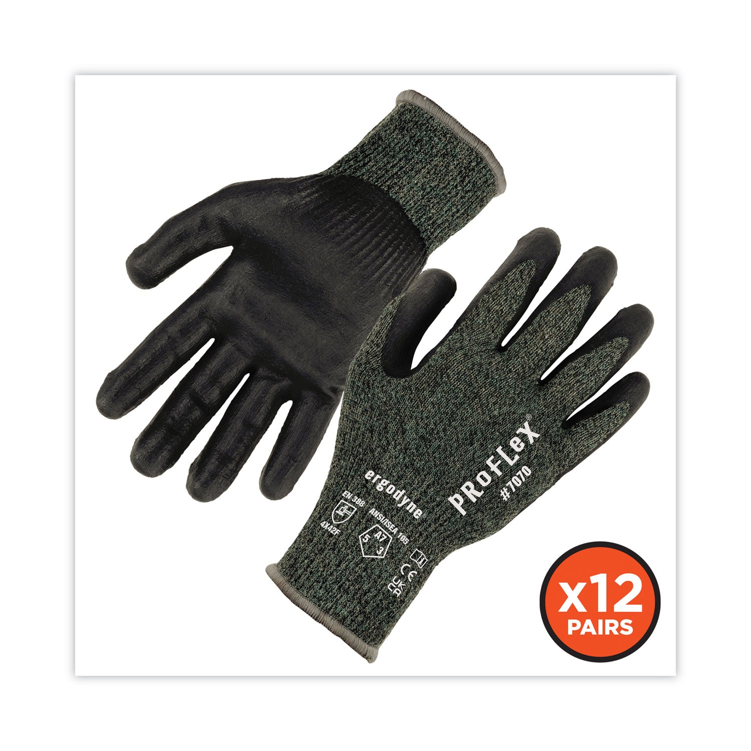 ProFlex 7070 ANSI A7 Nitrile Coated CR Gloves, Green, Small, 12 Pairs/Pack, Ships in 1-3 Business Days