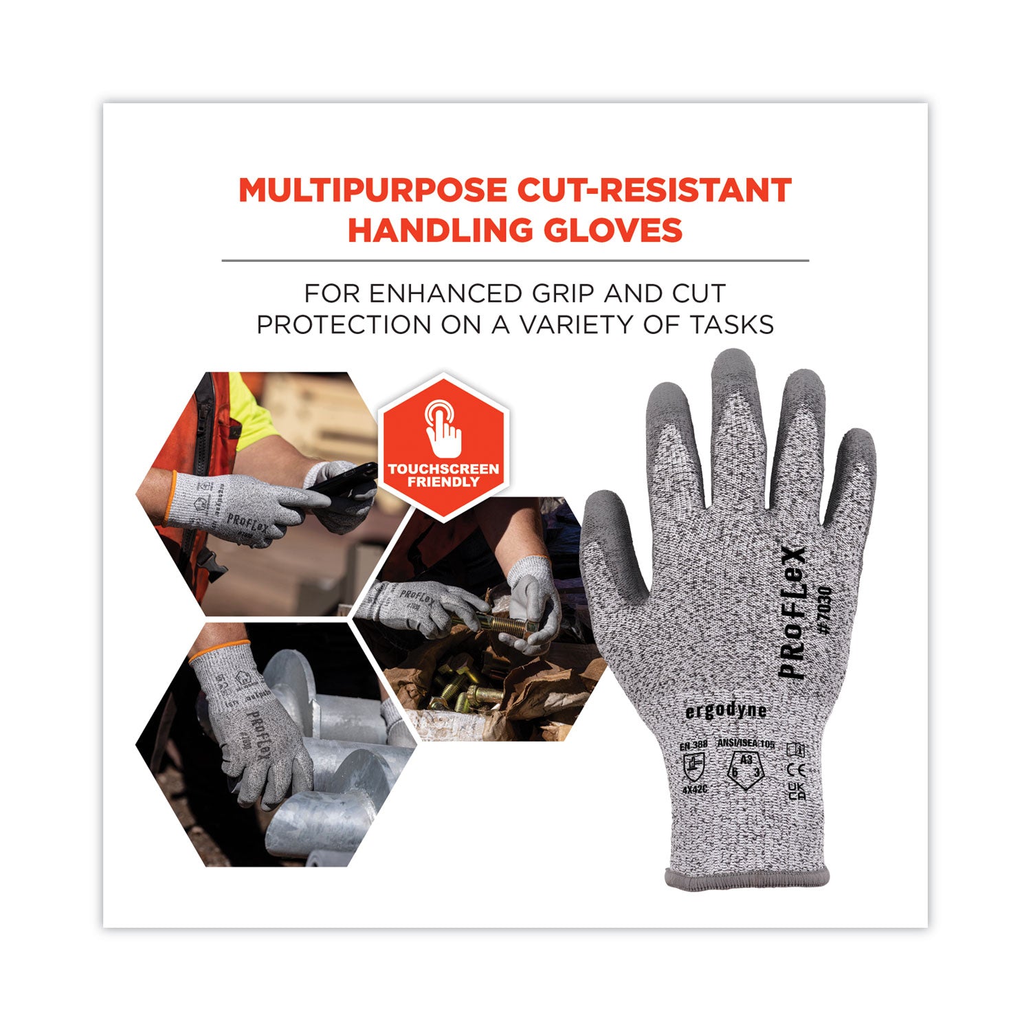 ProFlex 7030 ANSI A3 PU Coated CR Gloves, Gray, Large, 12 Pairs/Pack, Ships in 1-3 Business Days