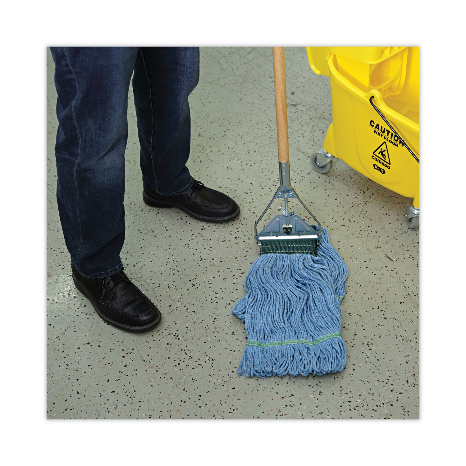 Looped End Mop Kit, Medium Blue Cotton/Rayon/Synthetic Head, 60" Yellow Metal/Polypropylene Handle